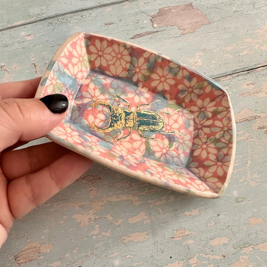 Small Pink and Gold Beetle Ring Dish, Handmade Ceramic Pot - FJD Ceramics