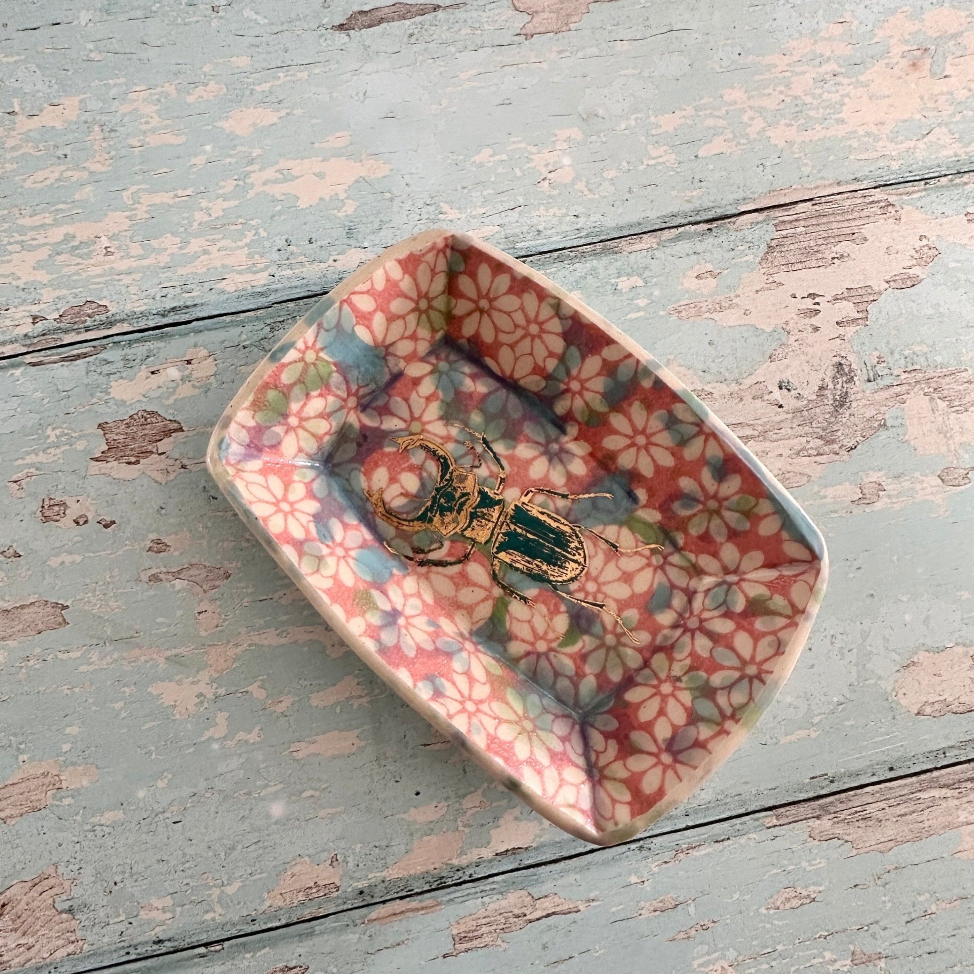 Small Pink and Gold Beetle Ring Dish, Handmade Ceramic Pot - FJD Ceramics