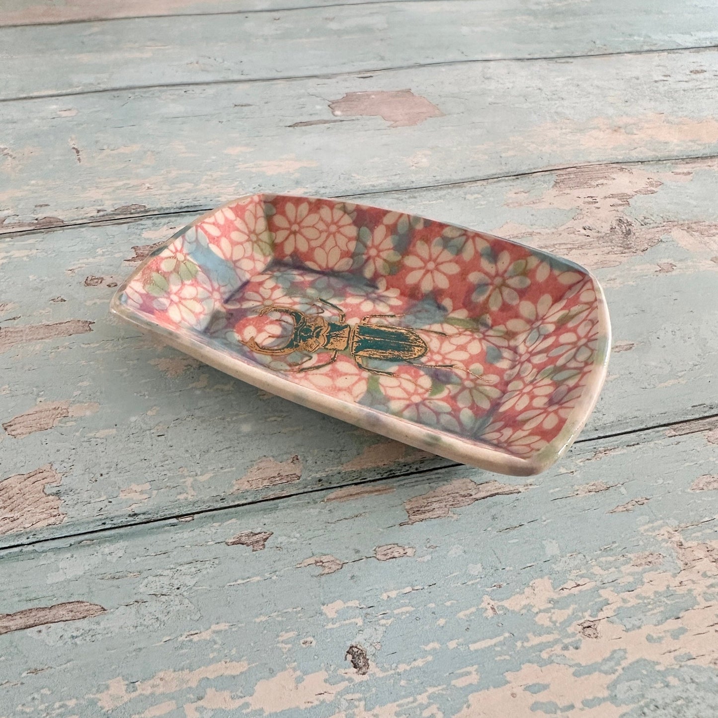 Small Pink and Gold Beetle Ring Dish, Handmade Ceramic Pot - FJD Ceramics