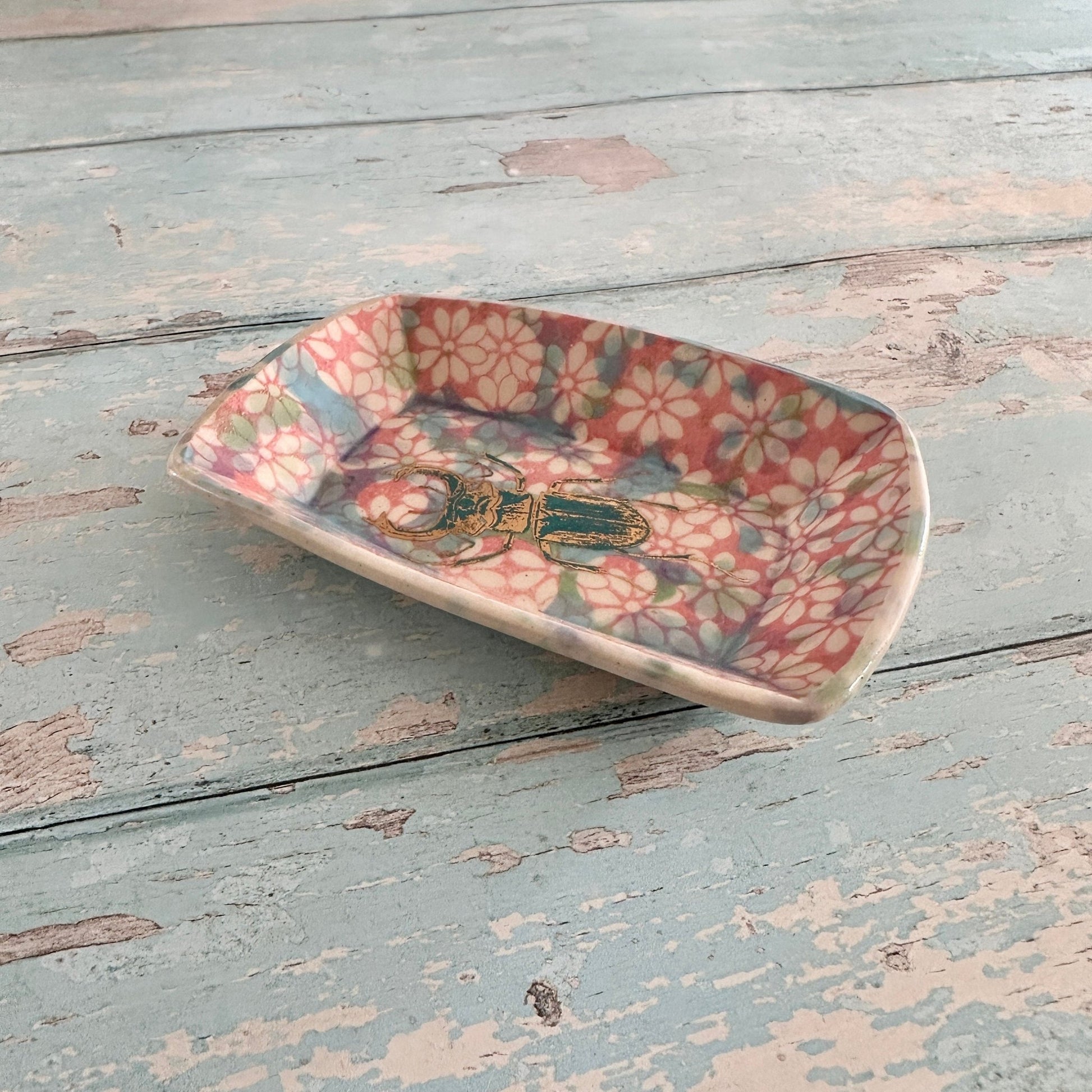 Small Pink and Gold Beetle Ring Dish, Handmade Ceramic Pot - FJD Ceramics