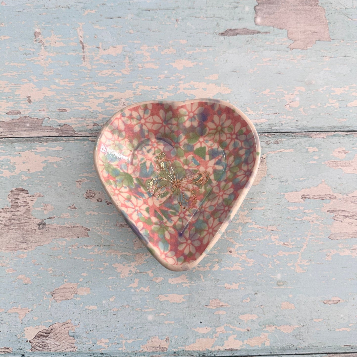 Small Pink and Gold Butterfly Heart Ring Dish, Handmade Ceramic Pot - FJD Ceramics