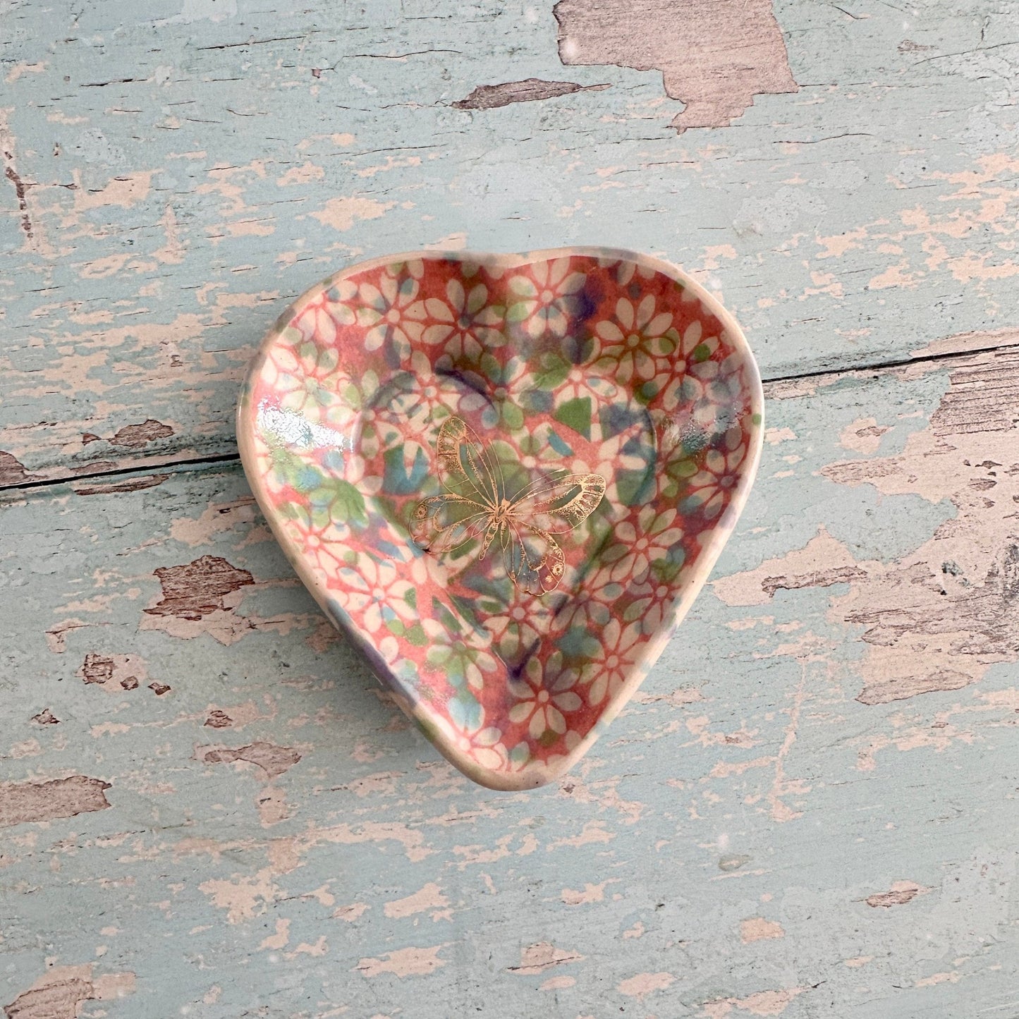 Small Pink and Gold Butterfly Heart Ring Dish, Handmade Ceramic Pot - FJD Ceramics