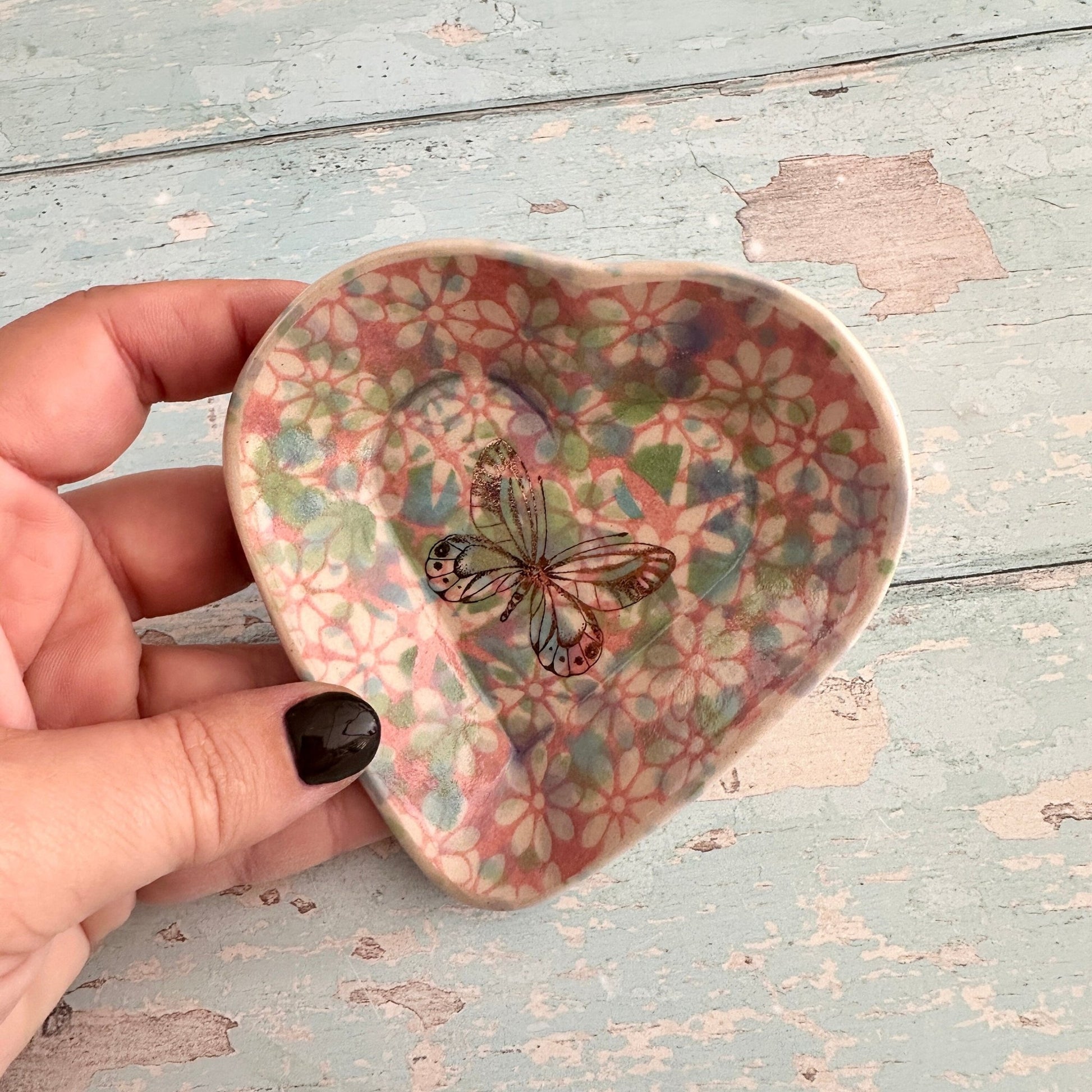 Small Pink and Gold Butterfly Heart Ring Dish, Handmade Ceramic Pot - FJD Ceramics