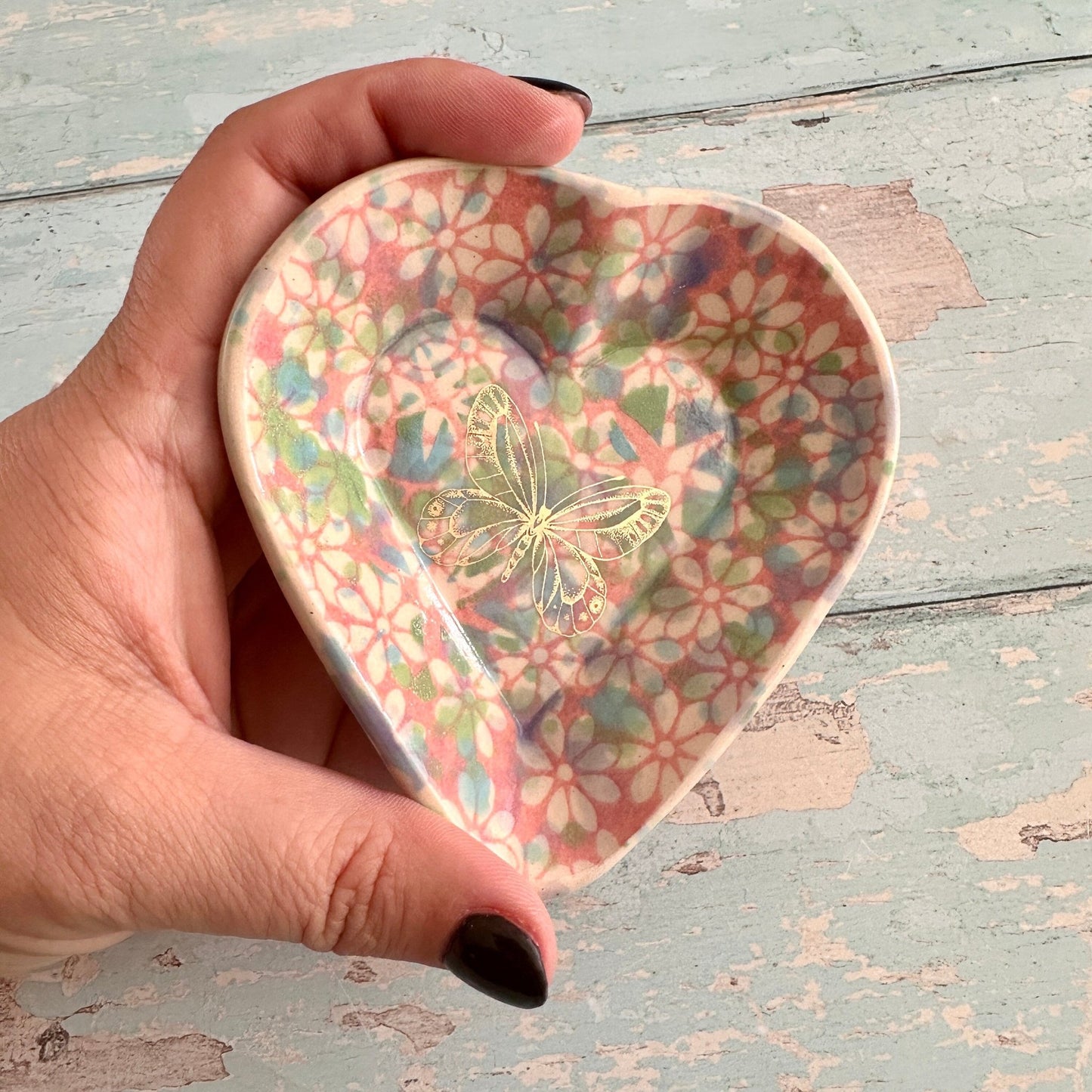 Small Pink and Gold Butterfly Heart Ring Dish, Handmade Ceramic Pot - FJD Ceramics