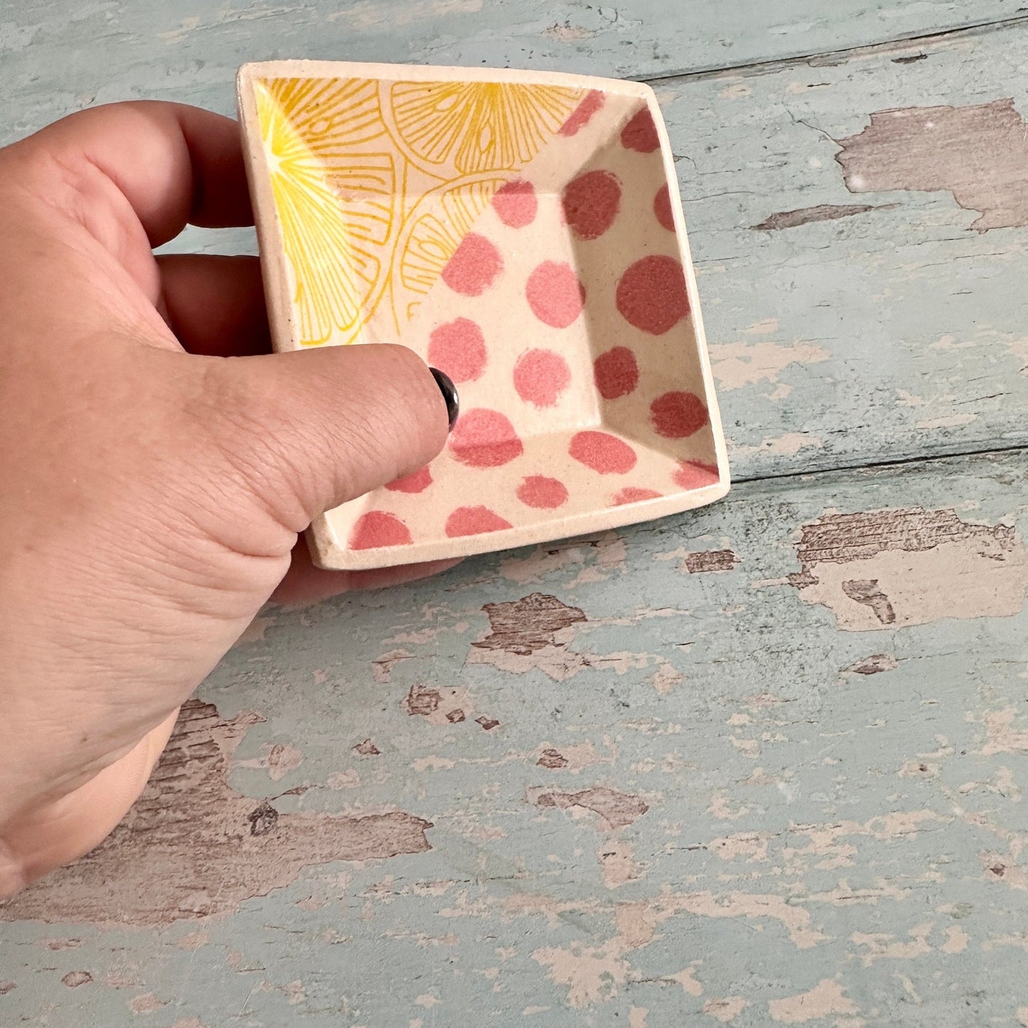 Small Pink and Yellow Square Ring Dish, Handmade Ceramic Pot - FJD Ceramics