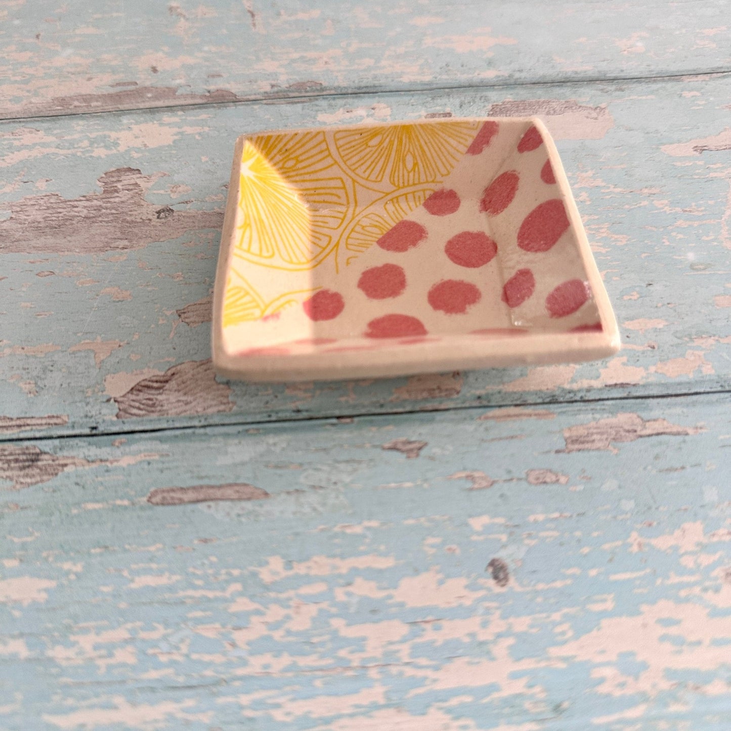 Small Pink and Yellow Square Ring Dish, Handmade Ceramic Pot - FJD Ceramics