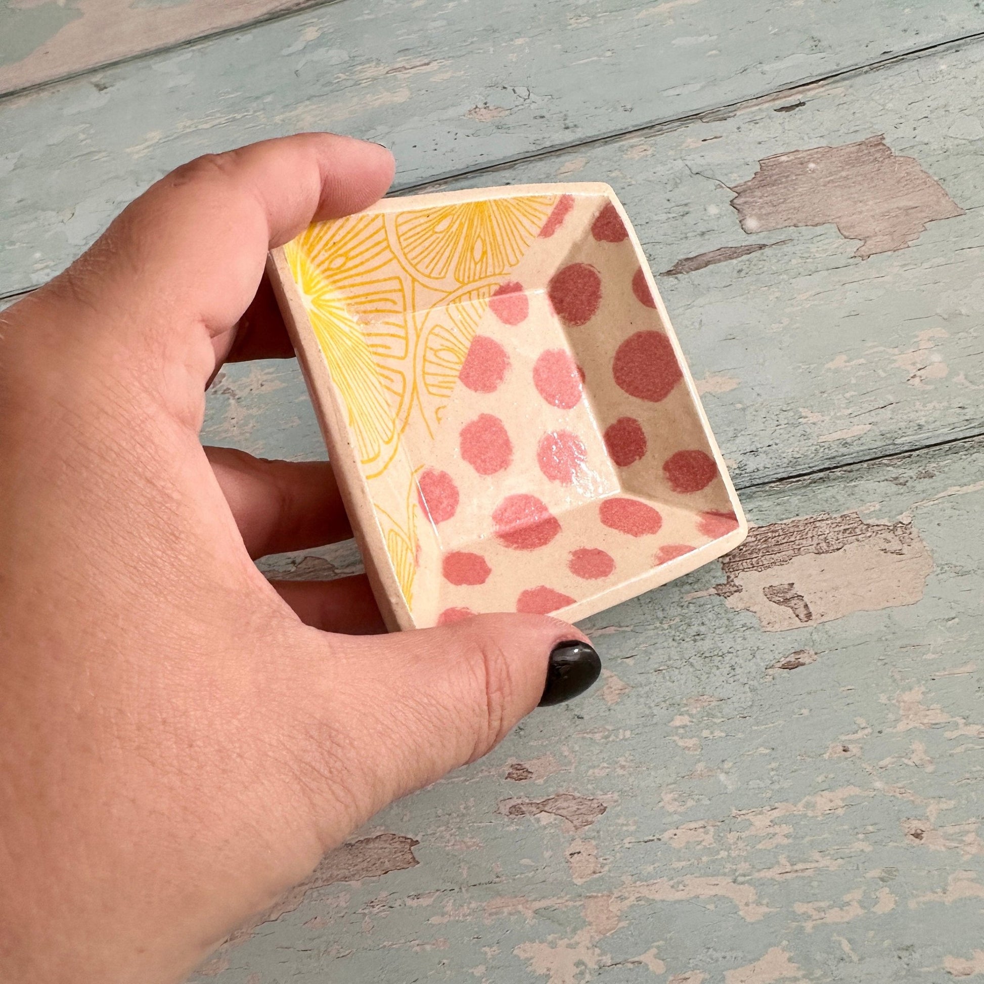 Small Pink and Yellow Square Ring Dish, Handmade Ceramic Pot - FJD Ceramics