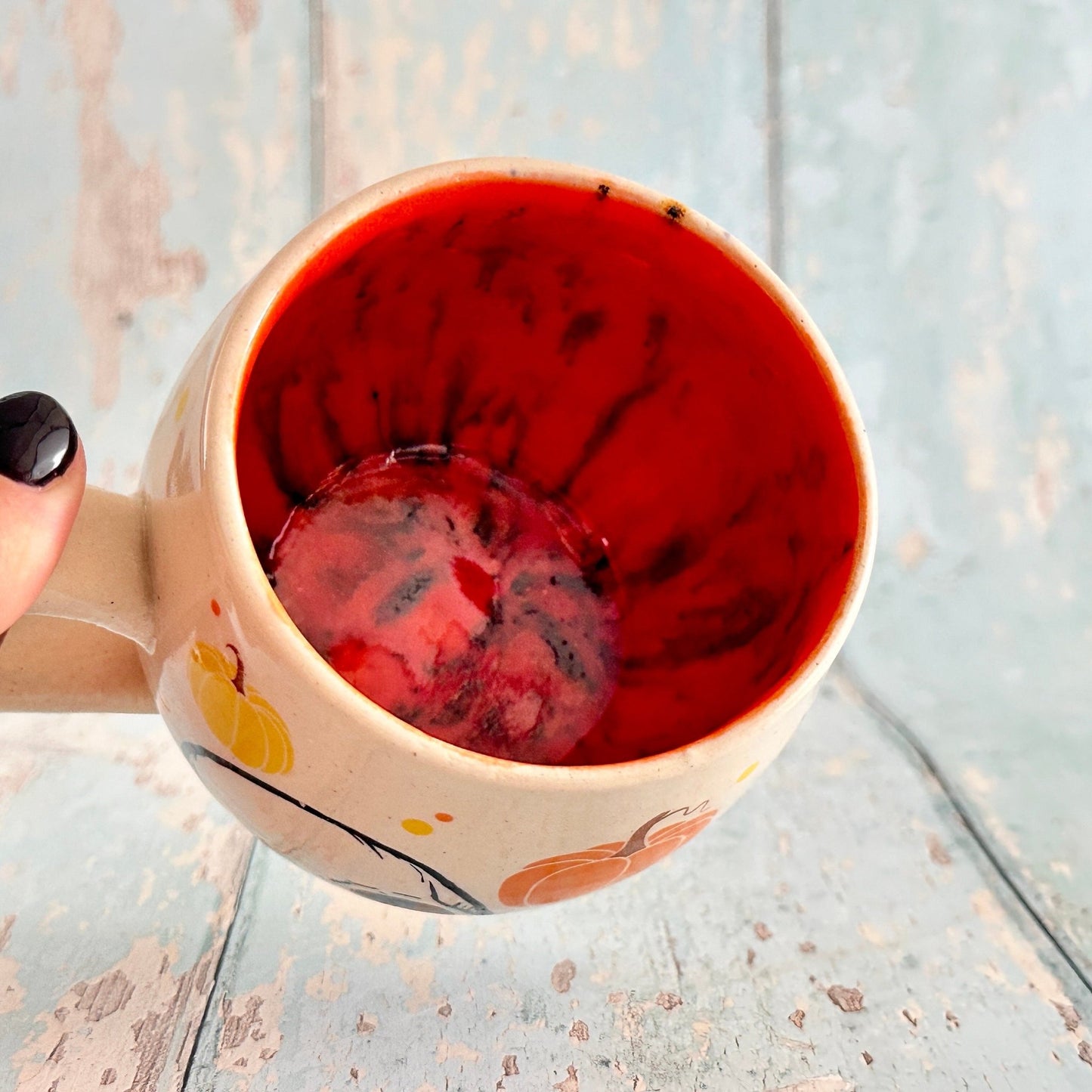 Spooky Halloween Skull and Pumpkin Mug, Orange and Yellow Handmade Ceramic Cup - FJD Ceramics