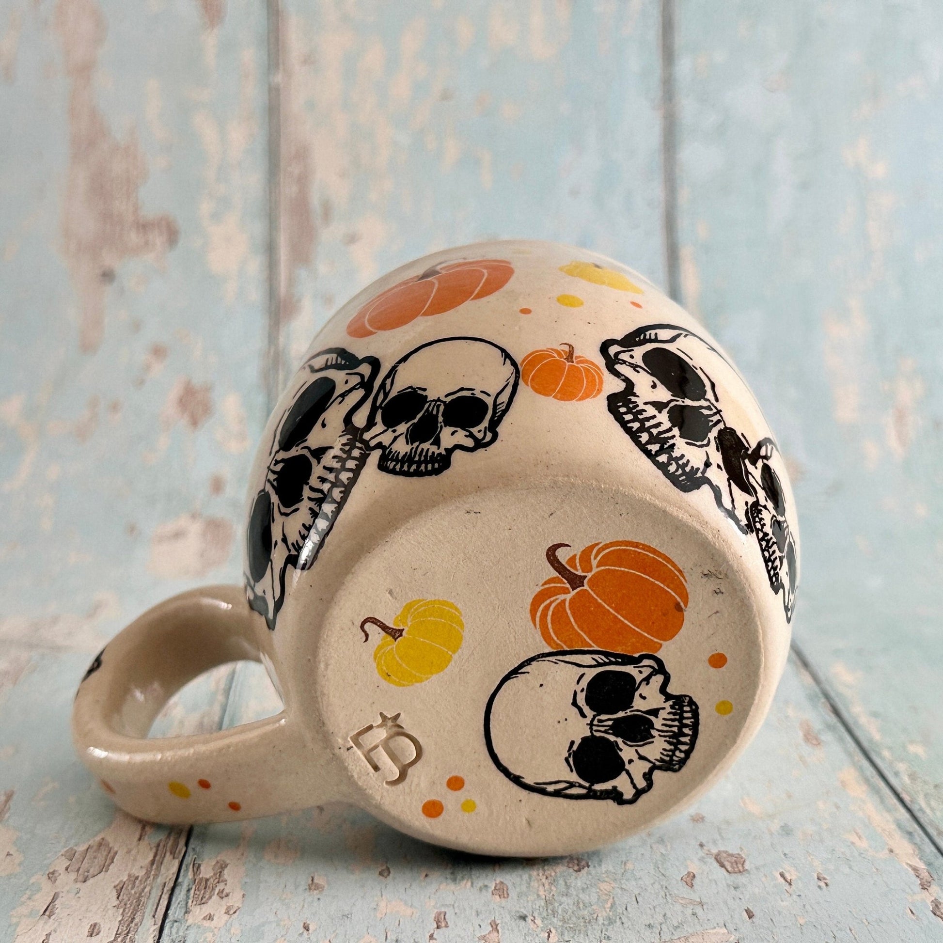 Spooky Halloween Skull and Pumpkin Mug, Orange and Yellow Handmade Ceramic Cup - FJD Ceramics