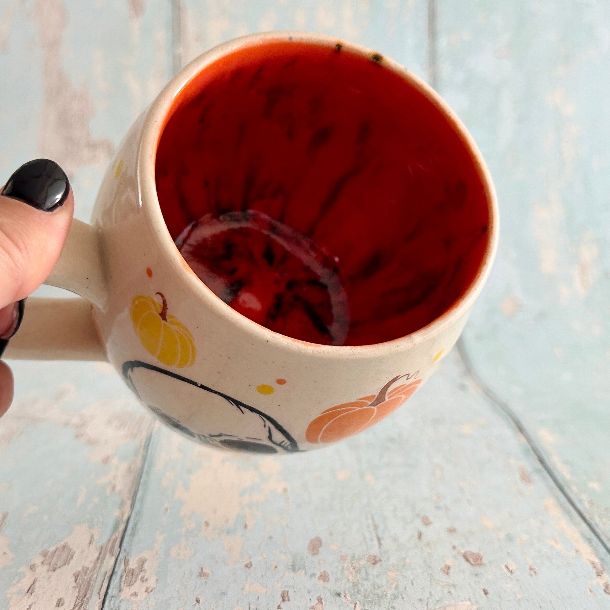 Spooky Halloween Skull and Pumpkin Mug, Orange and Yellow Handmade Ceramic Cup - FJD Ceramics