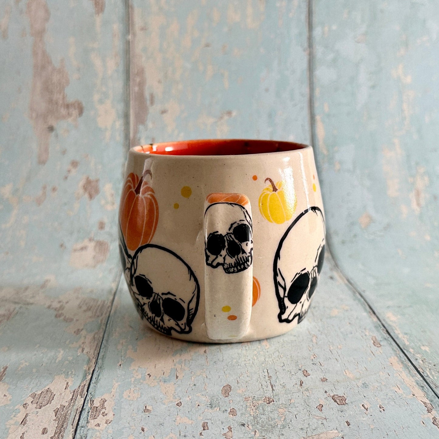 Spooky Halloween Skull and Pumpkin Mug, Orange and Yellow Handmade Ceramic Cup - FJD Ceramics