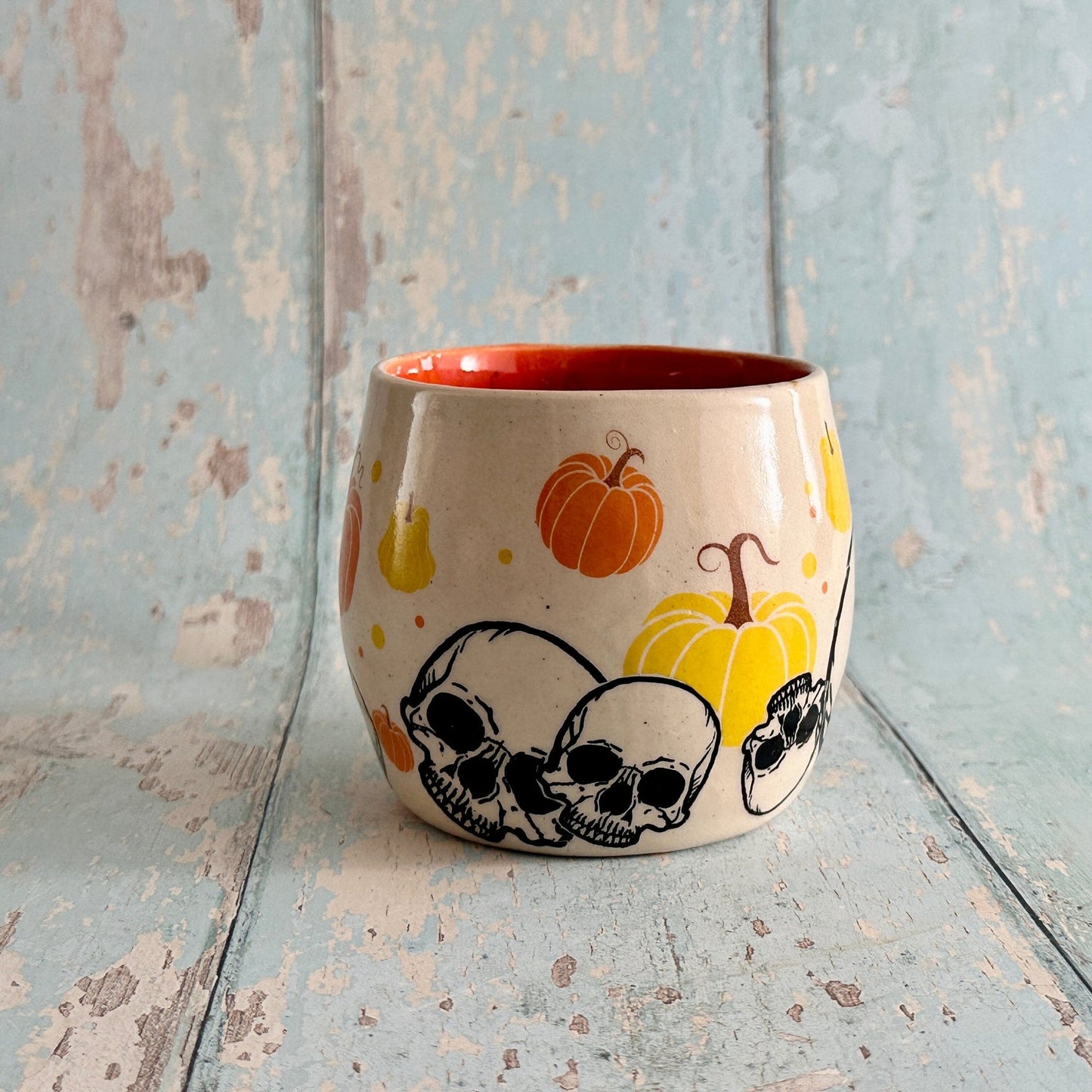 Spooky Halloween Skull and Pumpkin Mug, Orange and Yellow Handmade Ceramic Cup - FJD Ceramics