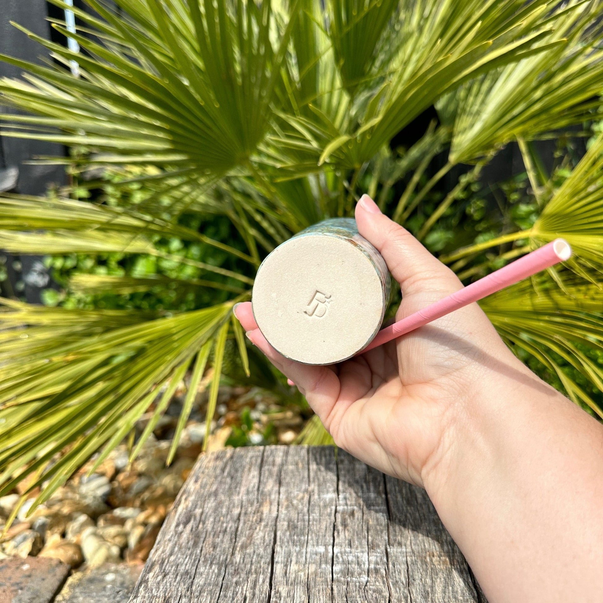 Tall Ceramic Cold Drink Straw Holding Tumbler, Handmade Modern Blue and Pink Cup - FJD Ceramics