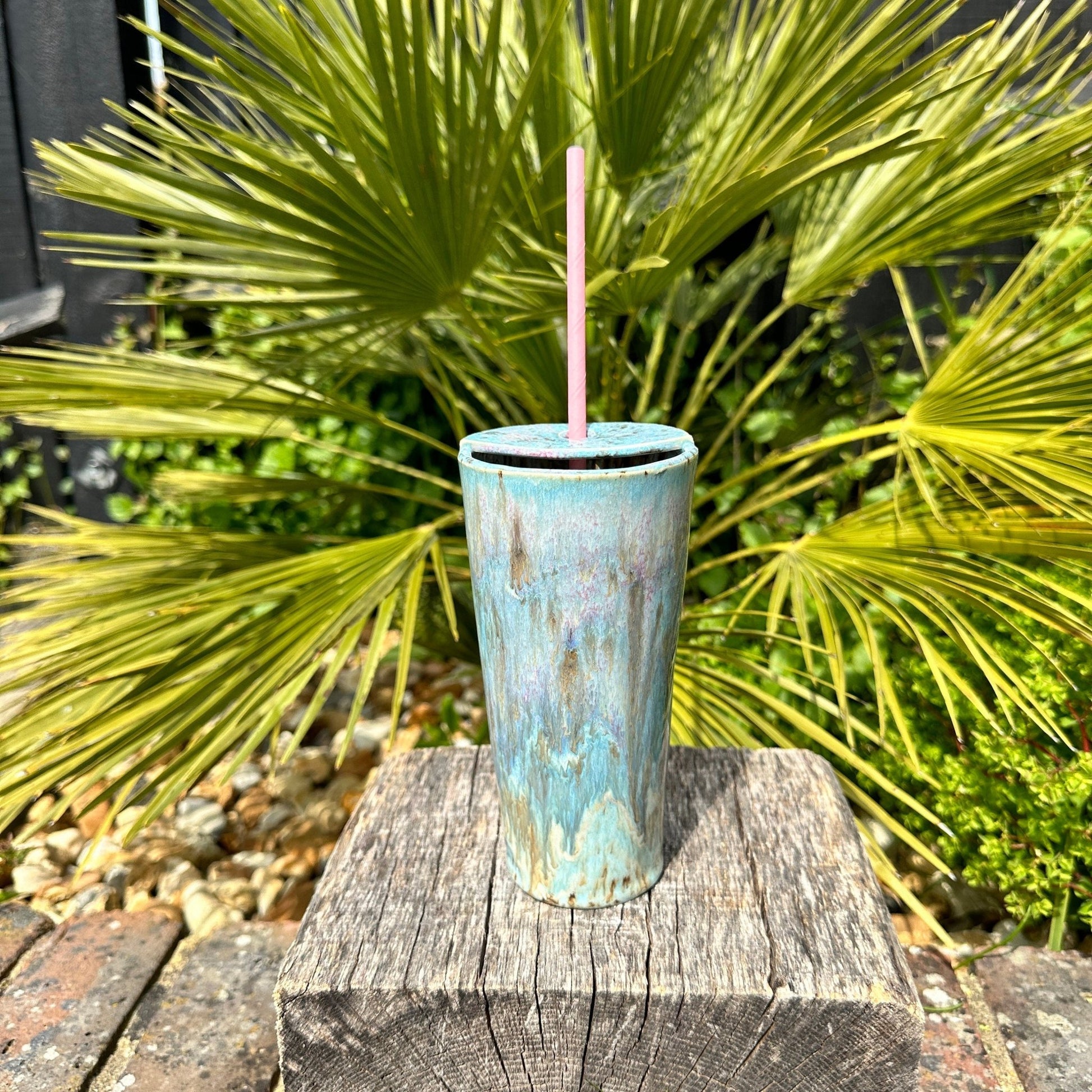 Tall Ceramic Cold Drink Straw Holding Tumbler, Handmade Modern Blue and Pink Cup - FJD Ceramics