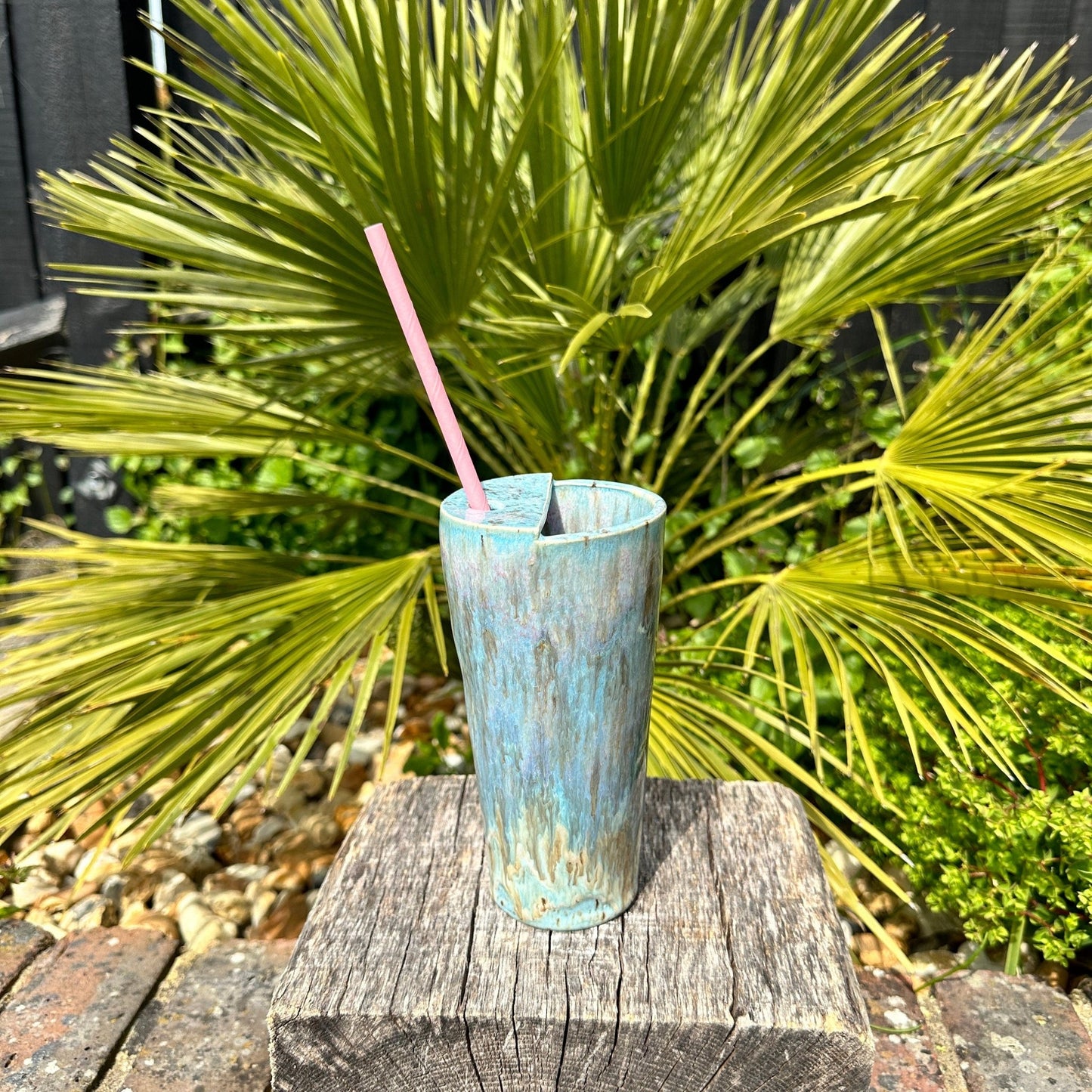 Tall Ceramic Cold Drink Straw Holding Tumbler, Handmade Modern Blue and Pink Cup - FJD Ceramics