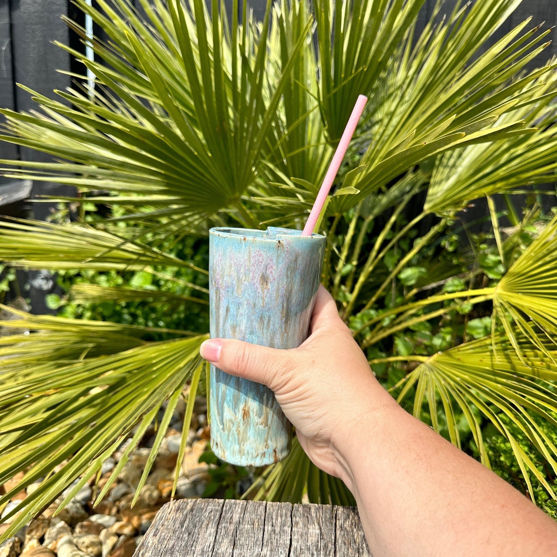 Tall Ceramic Cold Drink Straw Holding Tumbler, Handmade Modern Blue and Pink Cup - FJD Ceramics