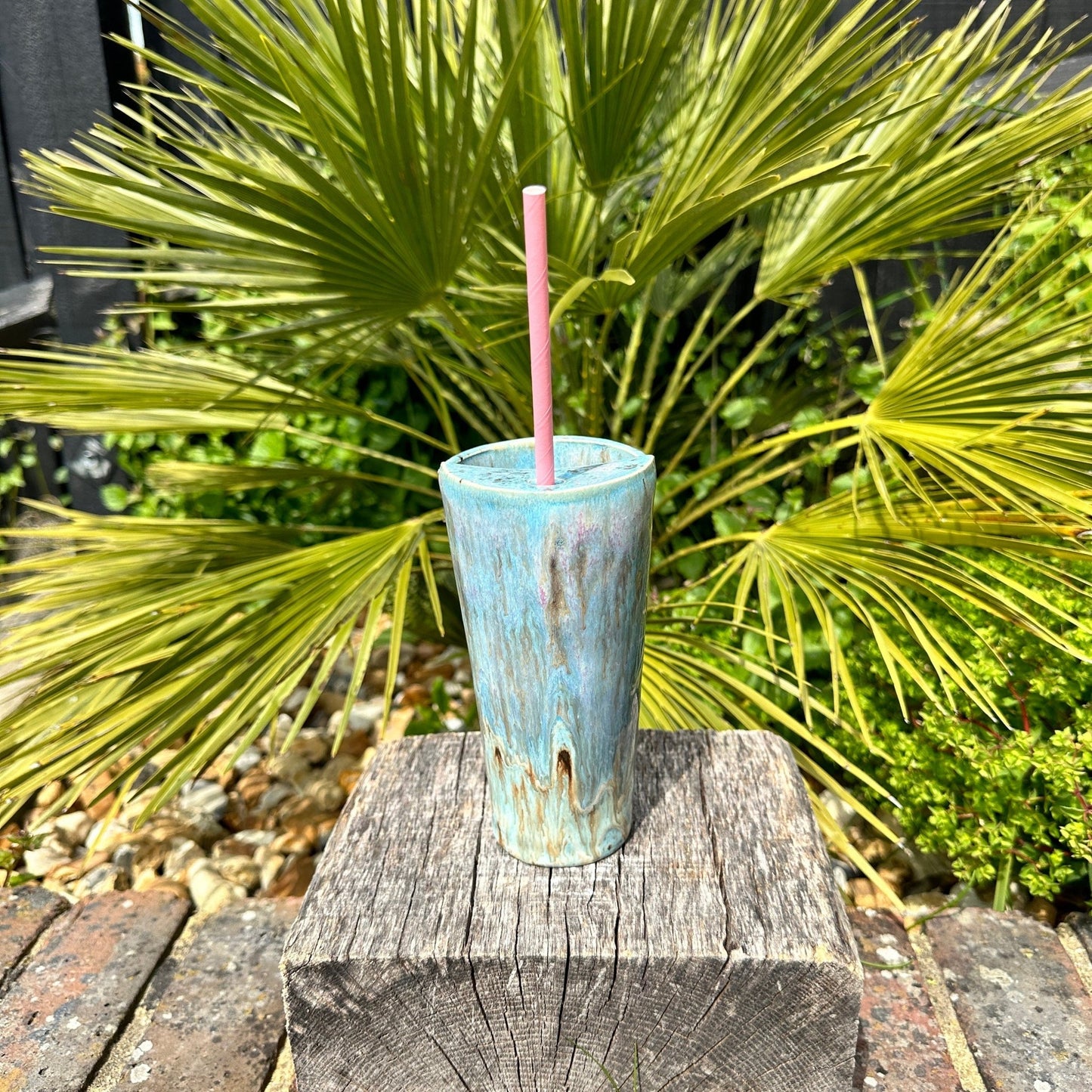 Tall Ceramic Cold Drink Straw Holding Tumbler, Handmade Modern Blue and Pink Cup - FJD Ceramics