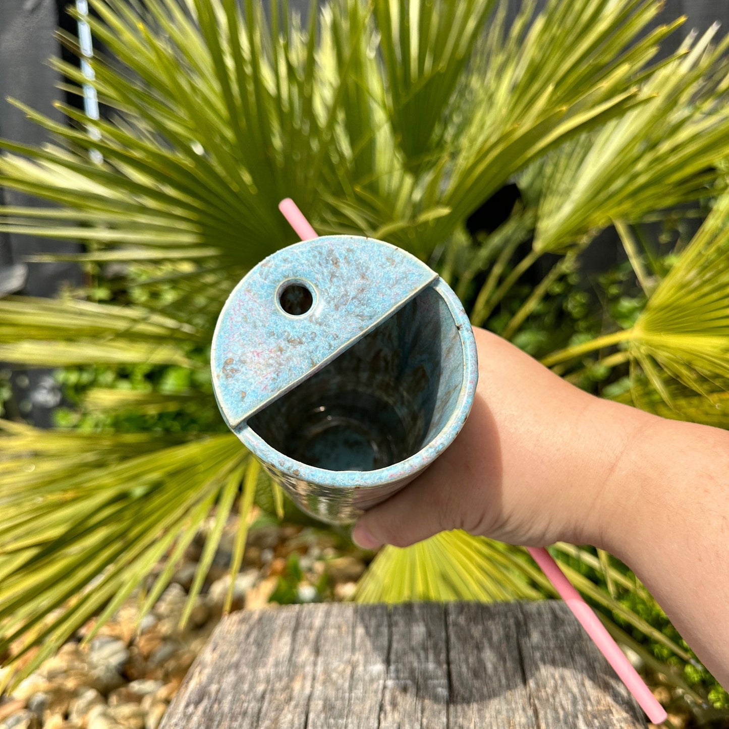 Tall Ceramic Cold Drink Straw Holding Tumbler, Handmade Modern Blue and Pink Cup - FJD Ceramics