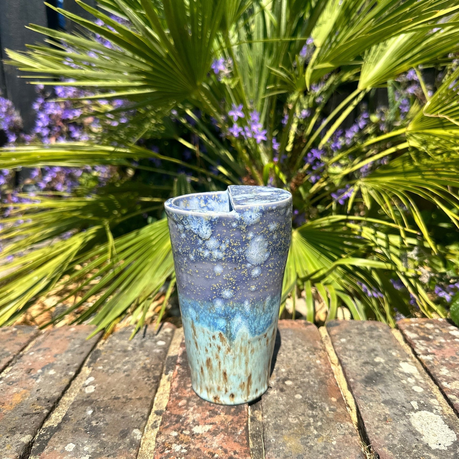 Tall Ceramic Cold Drink Straw Holding Tumbler, Handmade Modern Blue and Purple Cup - FJD Ceramics