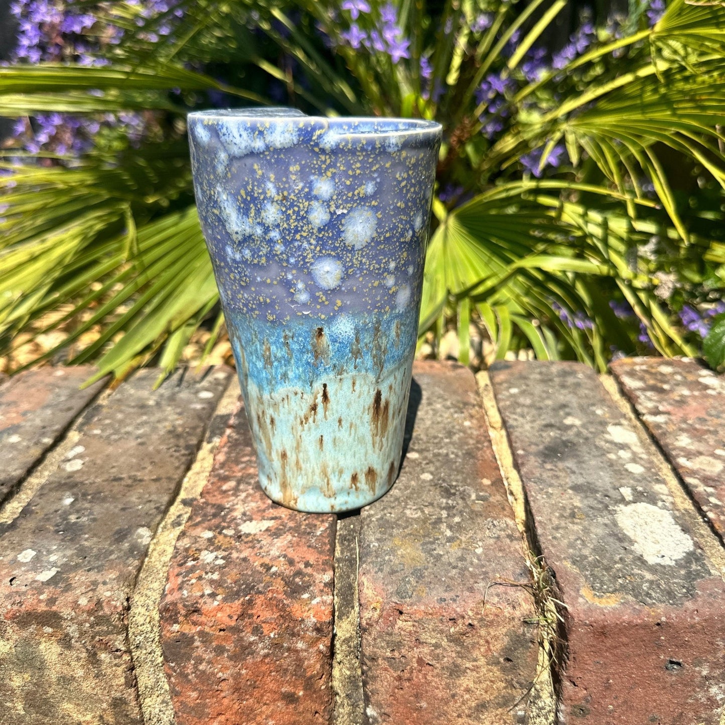 Tall Ceramic Cold Drink Straw Holding Tumbler, Handmade Modern Blue and Purple Cup - FJD Ceramics
