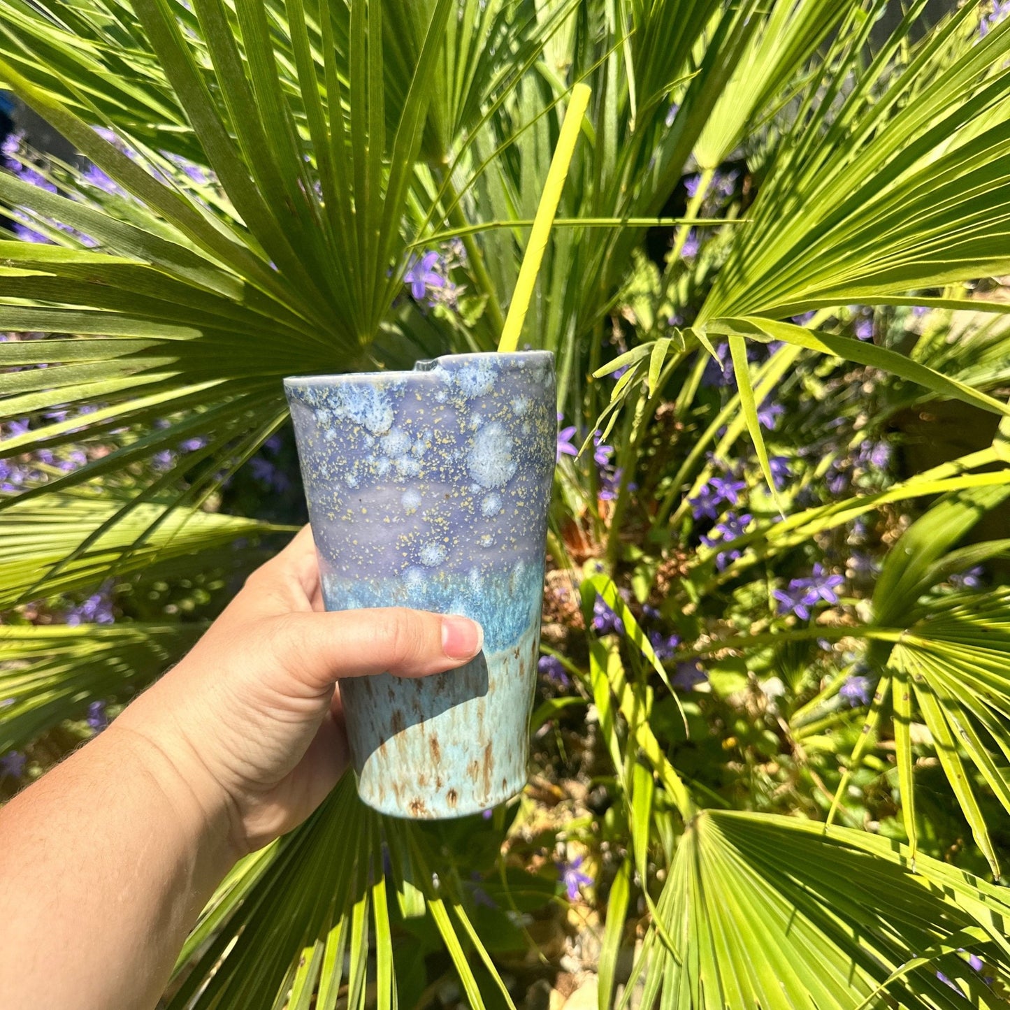 Tall Ceramic Cold Drink Straw Holding Tumbler, Handmade Modern Blue and Purple Cup - FJD Ceramics