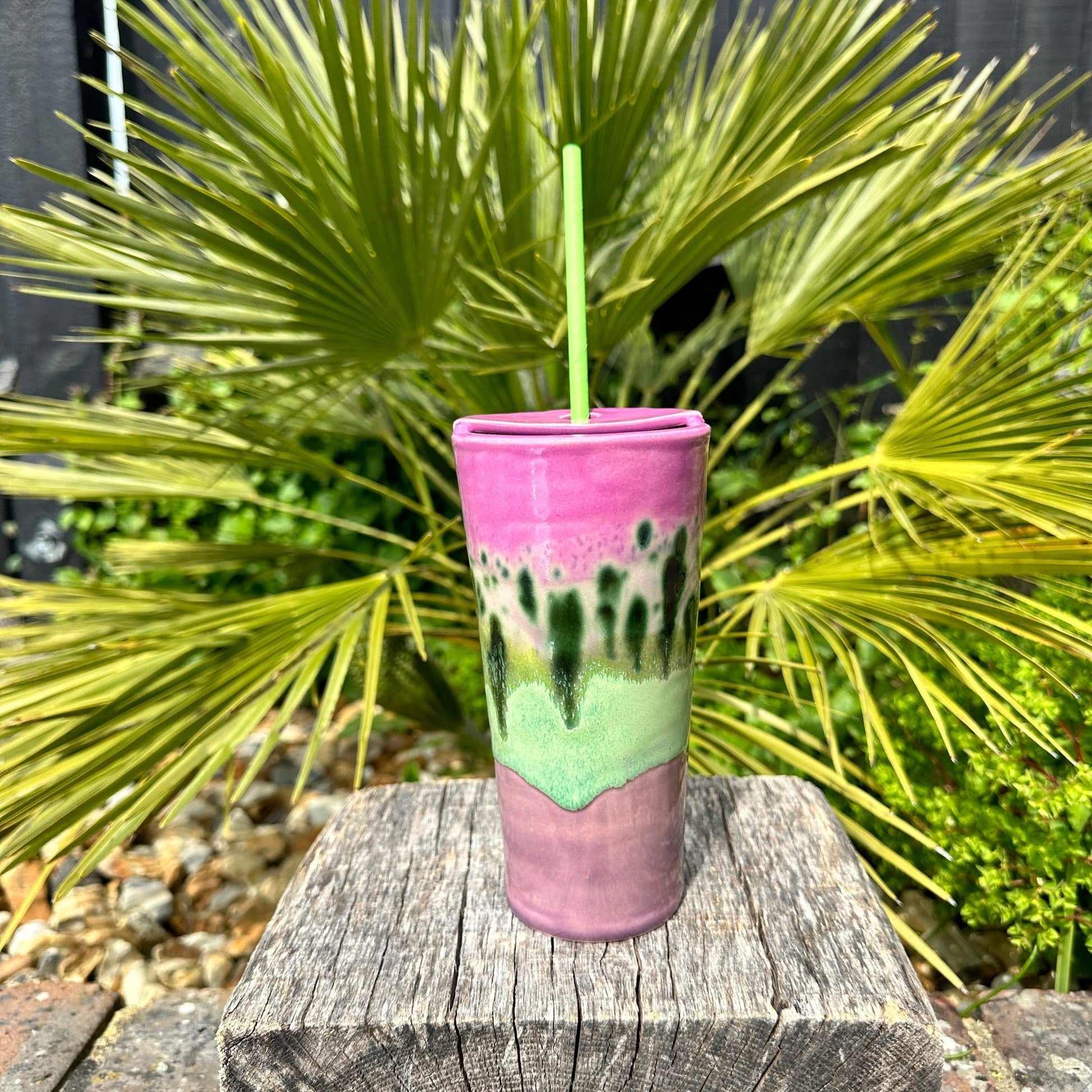 Tall Ceramic Cold Drink Straw Holding Tumbler, Handmade Modern Purple Cup - FJD Ceramics