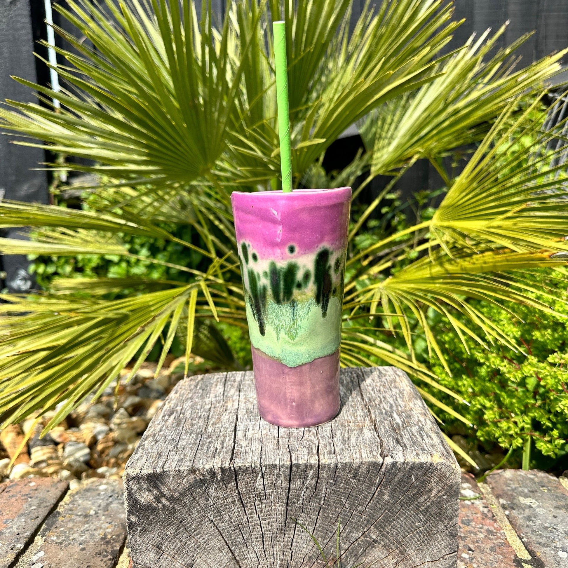 Tall Ceramic Cold Drink Straw Holding Tumbler, Handmade Modern Purple Cup - FJD Ceramics