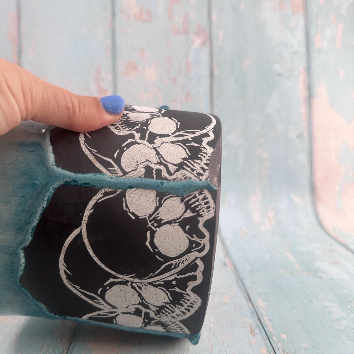 Teal and Black Skull Planter, Ceramic Plant Pot - Second - FJD Ceramics