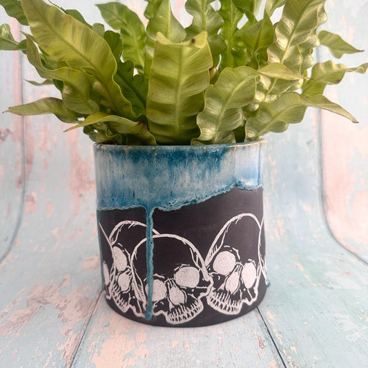 Teal and Black Skull Planter, Ceramic Plant Pot - Second - FJD Ceramics