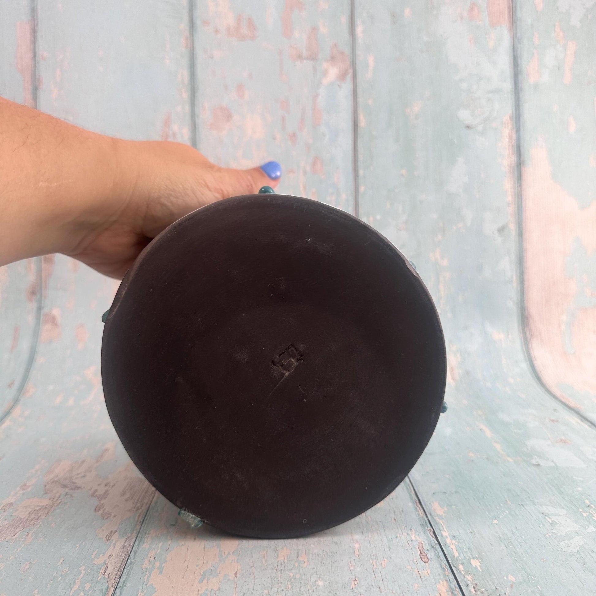 Teal and Black Skull Planter, Ceramic Plant Pot - Second - FJD Ceramics