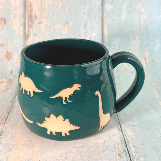 Teal Green Dinosaur Mug, Large Ceramic Cup - FJD Ceramics
