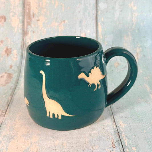 Teal Green Dinosaur Mug, Large Ceramic Cup - FJD Ceramics