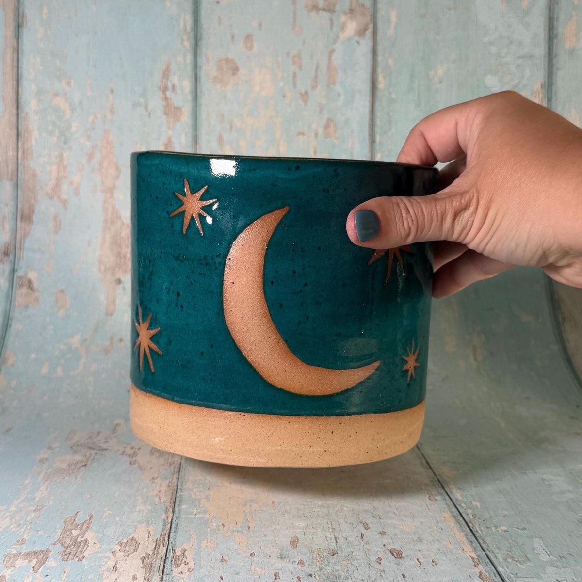 Teal Green Moon and Star Planter, Ceramic Plant Pot - FJD Ceramics