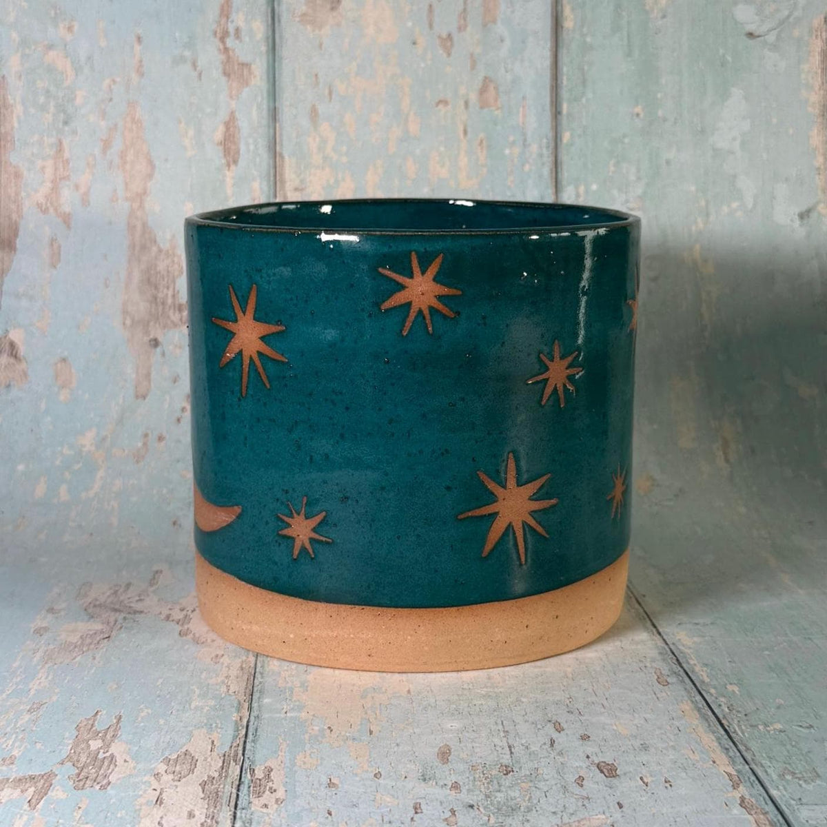 Teal Green Moon and Star Planter, Ceramic Plant Pot - FJD Ceramics