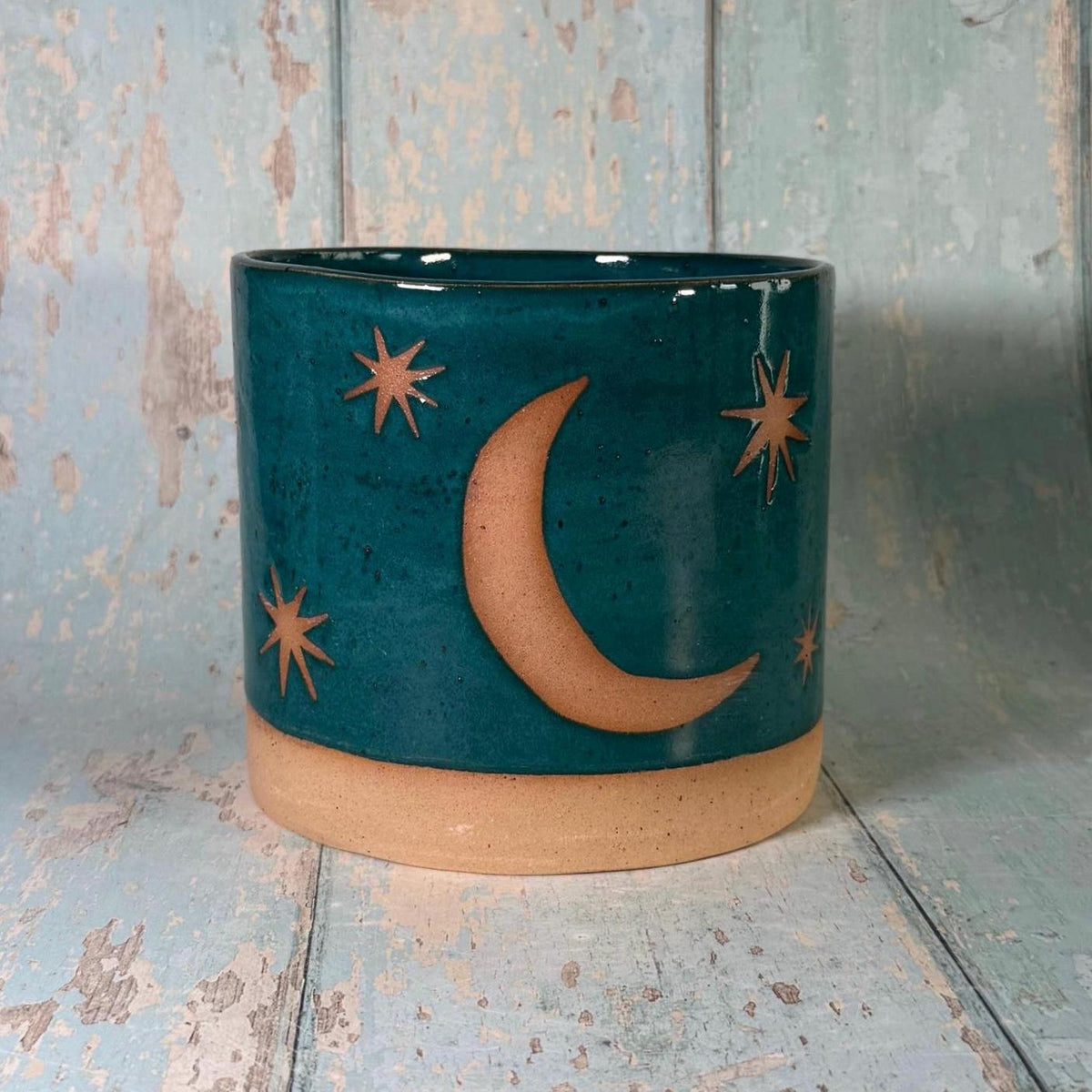 Teal Green Moon and Star Planter, Ceramic Plant Pot - FJD Ceramics