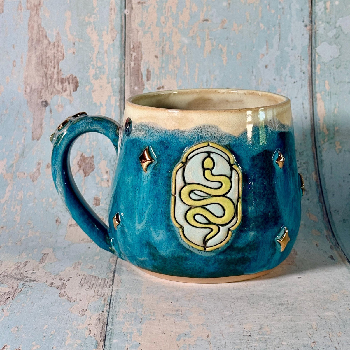 Teal Green Snake Mug, Handmade Ceramic Cup - FJD Ceramics