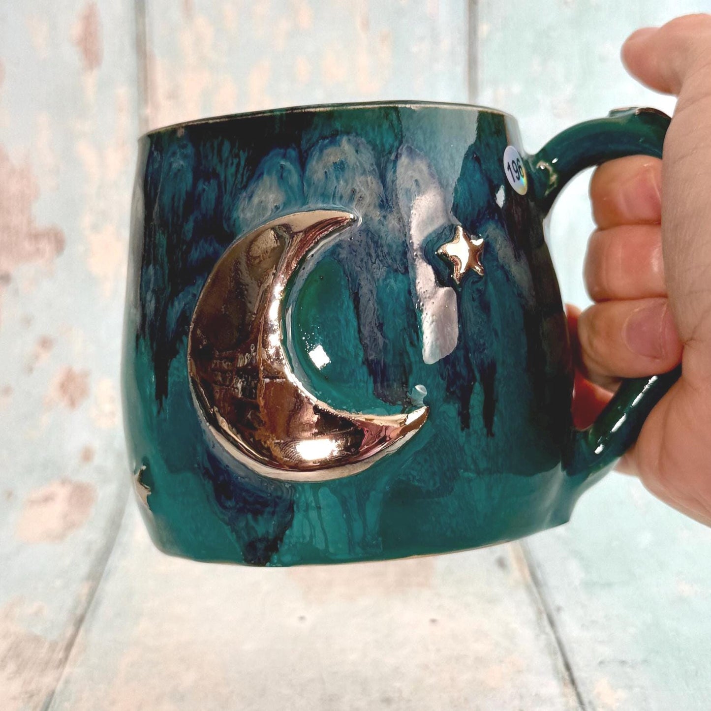 Teal Moon & Star Mug, Large Ceramic Cup - FJD Ceramics
