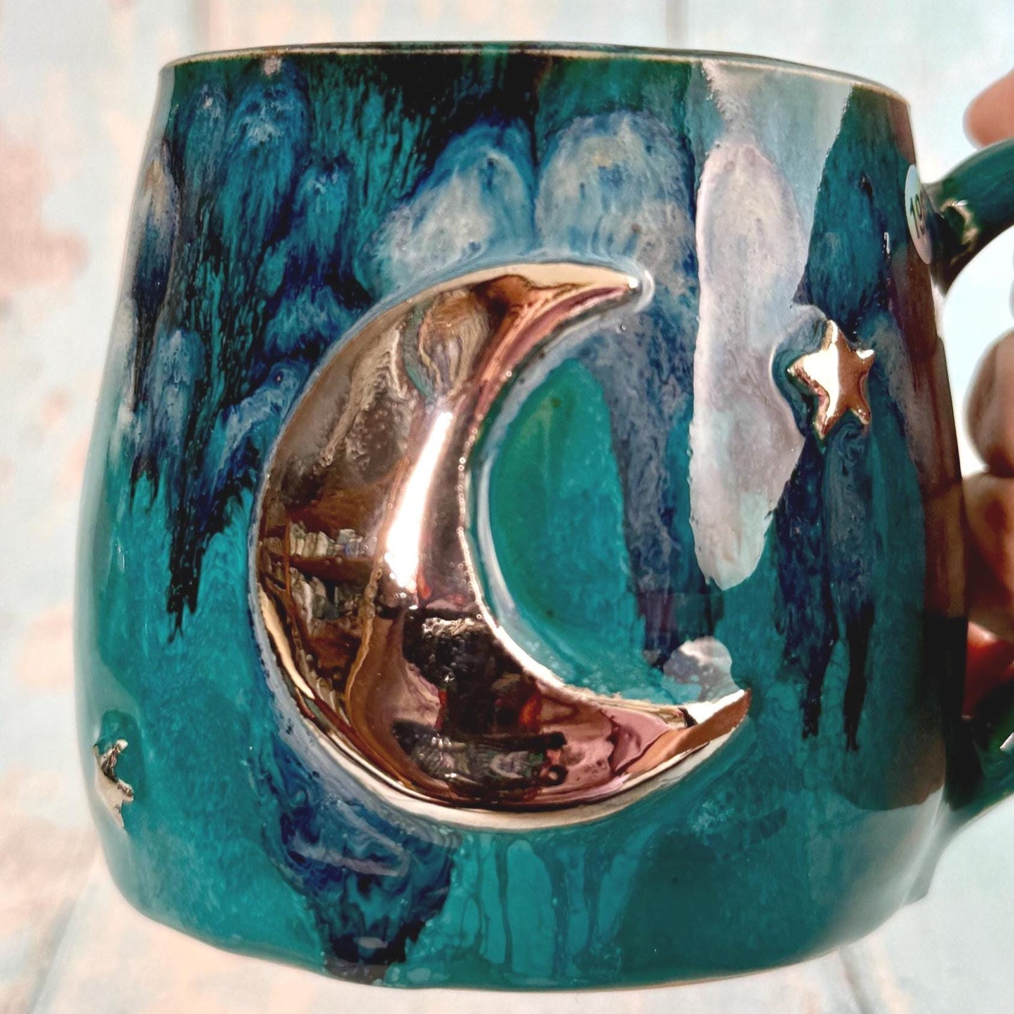 Teal Moon & Star Mug, Large Ceramic Cup - FJD Ceramics