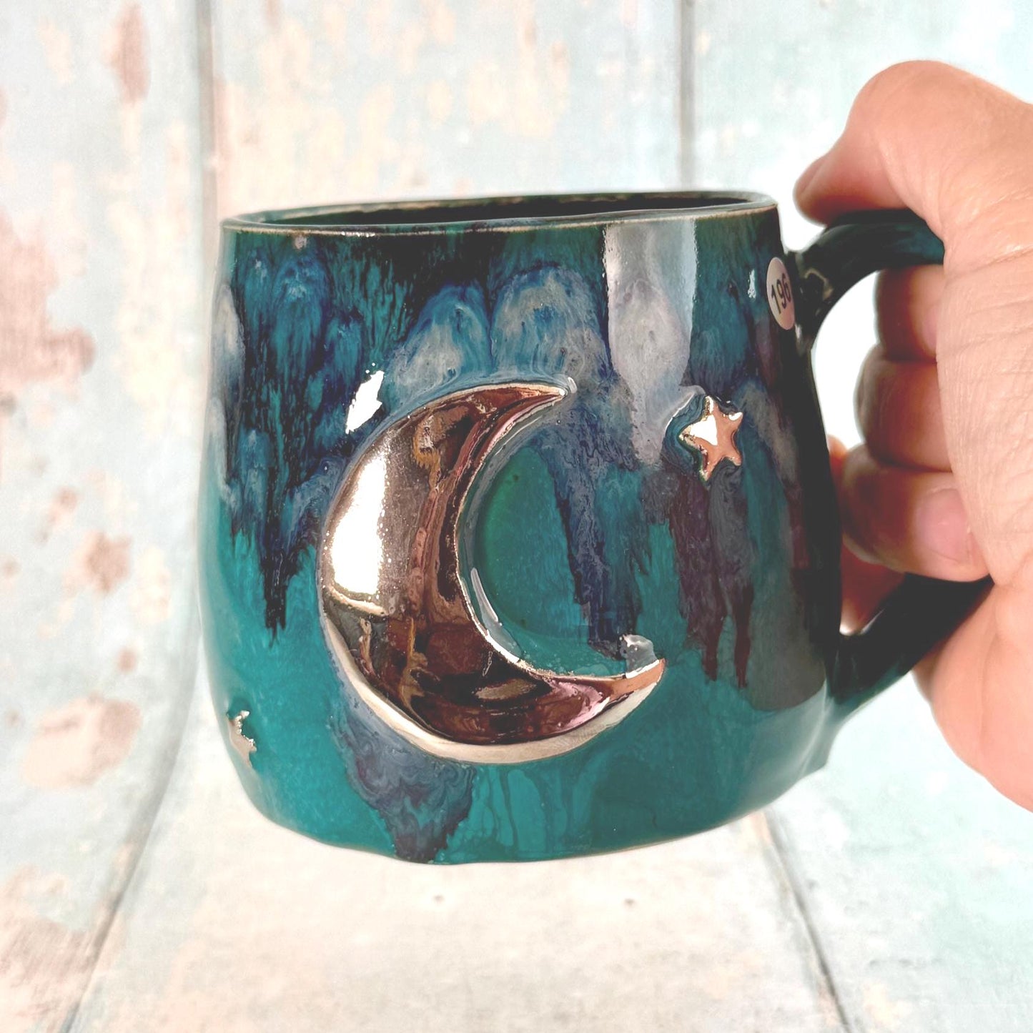 Teal Moon & Star Mug, Large Ceramic Cup - FJD Ceramics