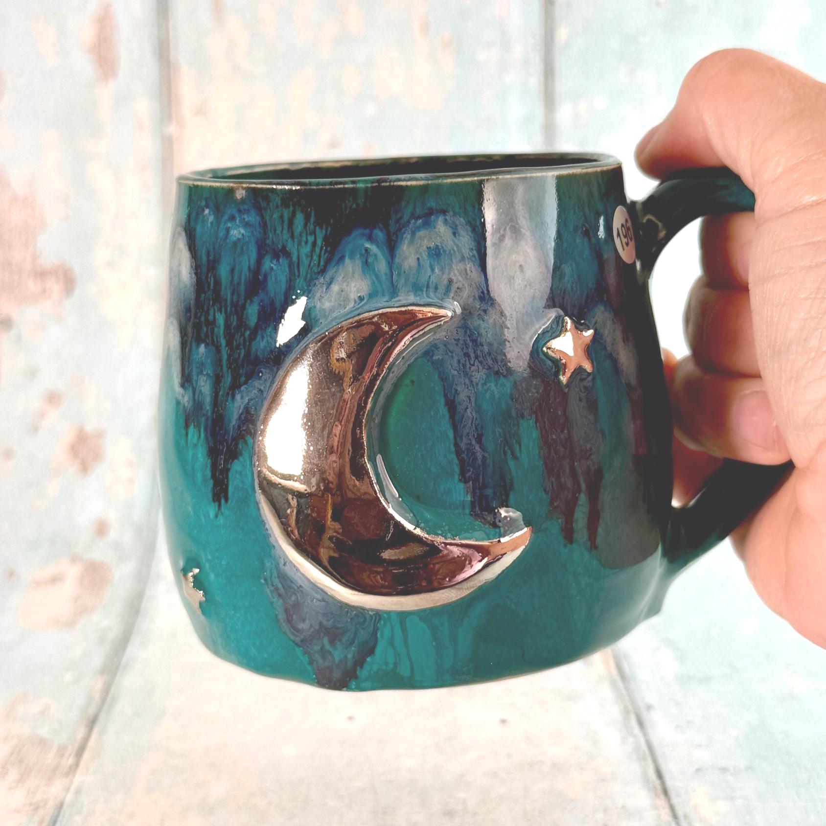 Teal Moon & Star Mug, Large Ceramic Cup - FJD Ceramics