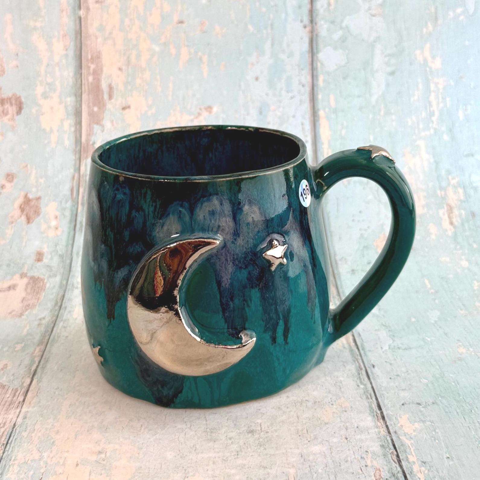 Teal Moon & Star Mug, Large Ceramic Cup - FJD Ceramics