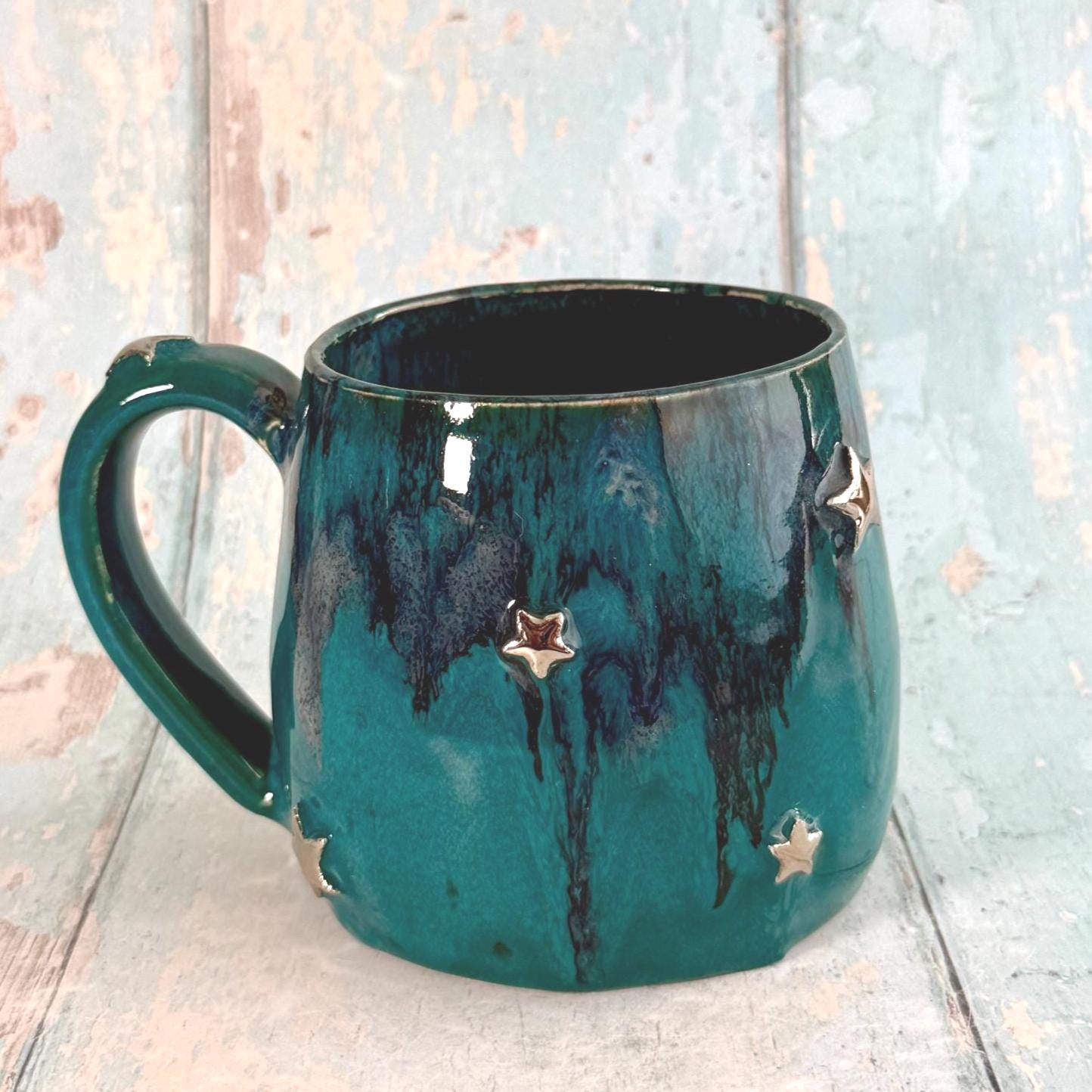 Teal Moon & Star Mug, Large Ceramic Cup - FJD Ceramics