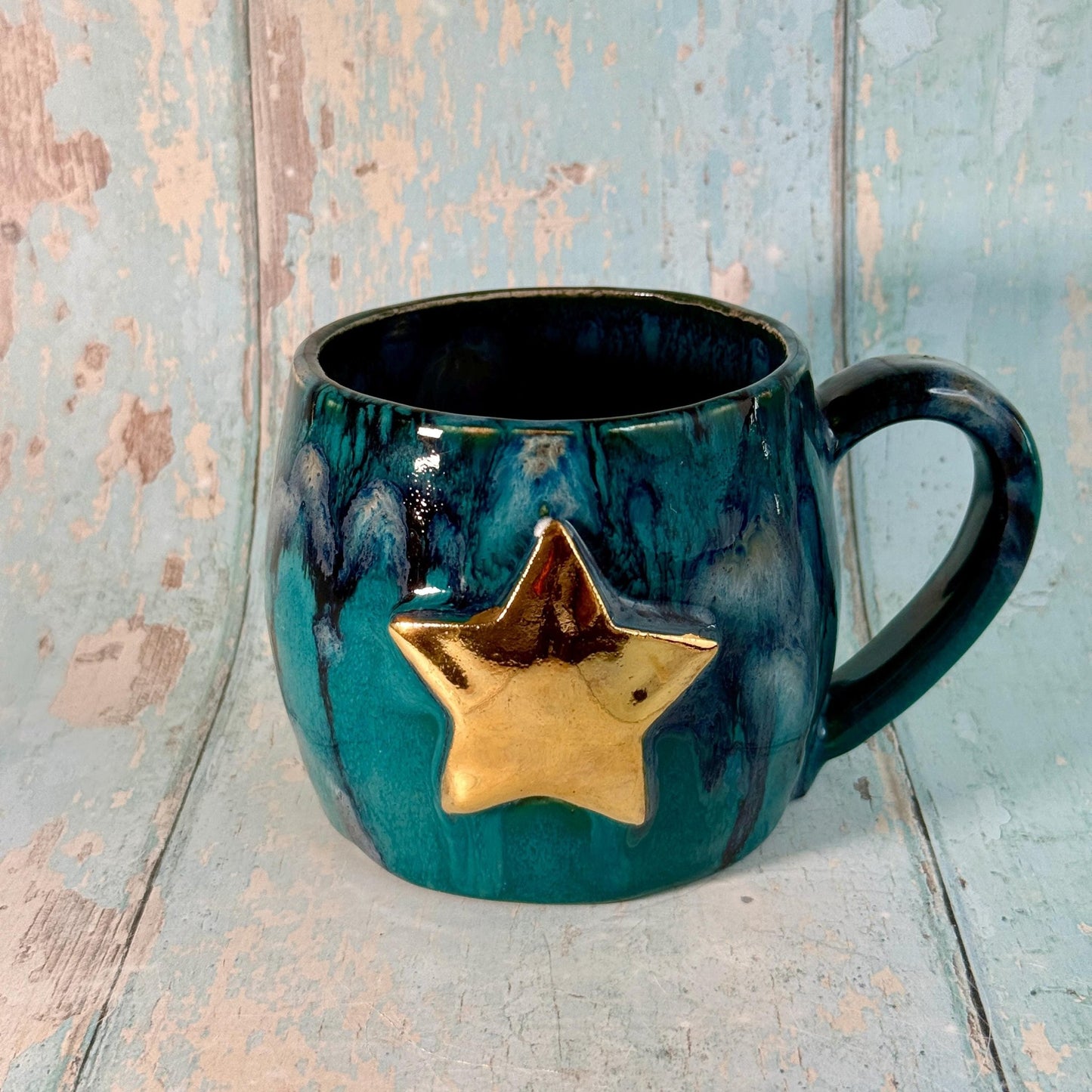 Turquoise and Black Gold Star Mug, Handmade Ceramic Mug - FJD Ceramics