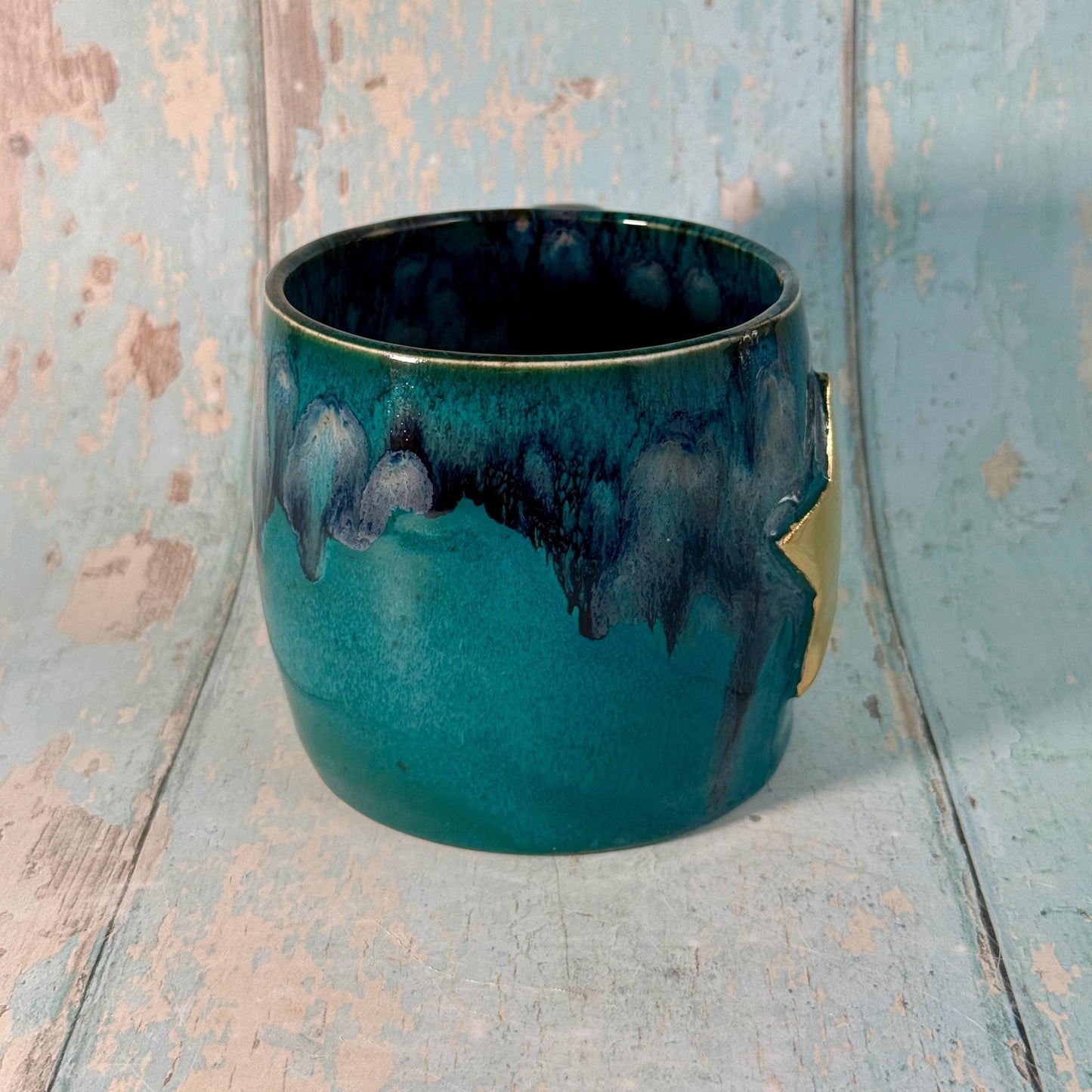 Turquoise and Black Gold Star Mug, Handmade Ceramic Mug - FJD Ceramics