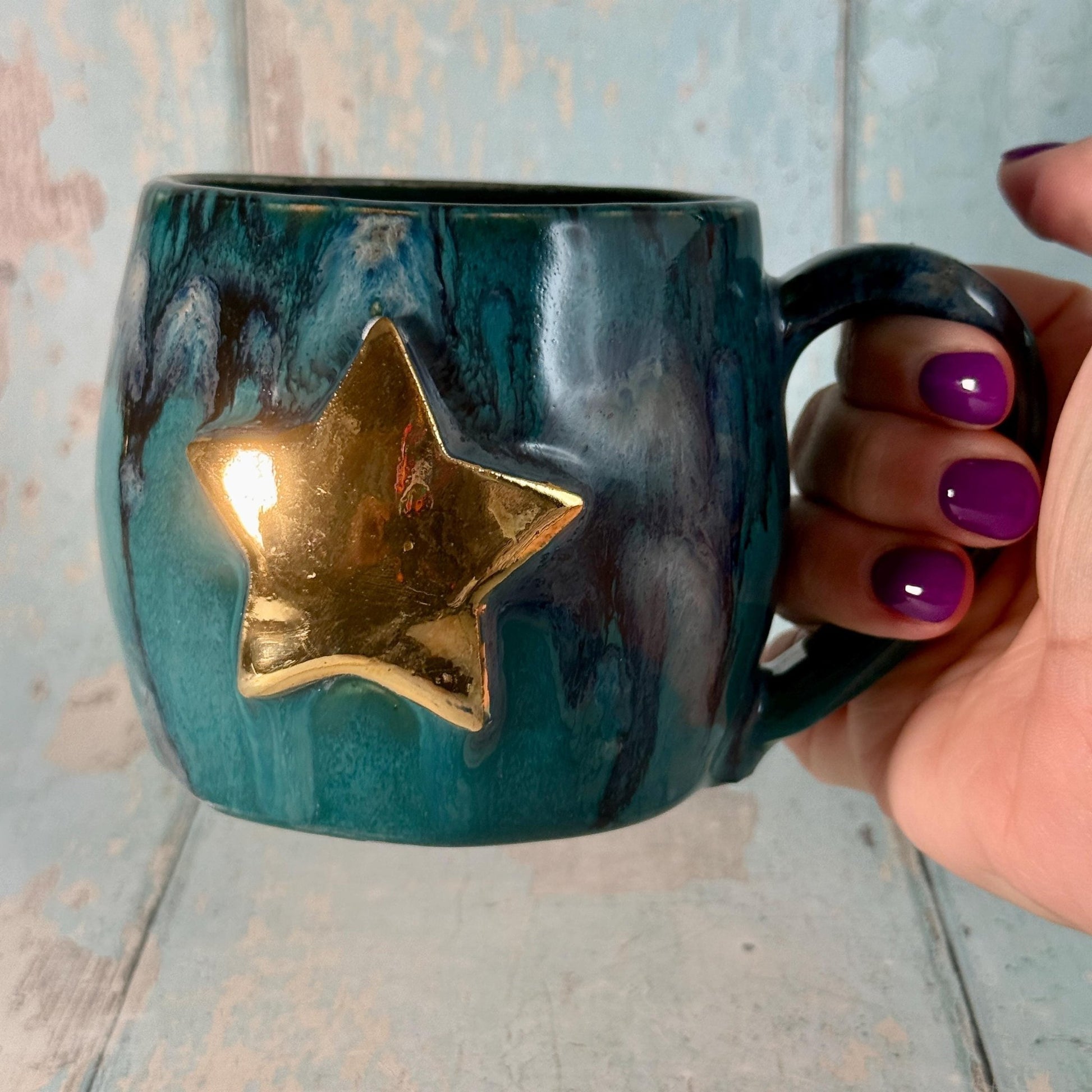 Turquoise and Black Gold Star Mug, Handmade Ceramic Mug - FJD Ceramics