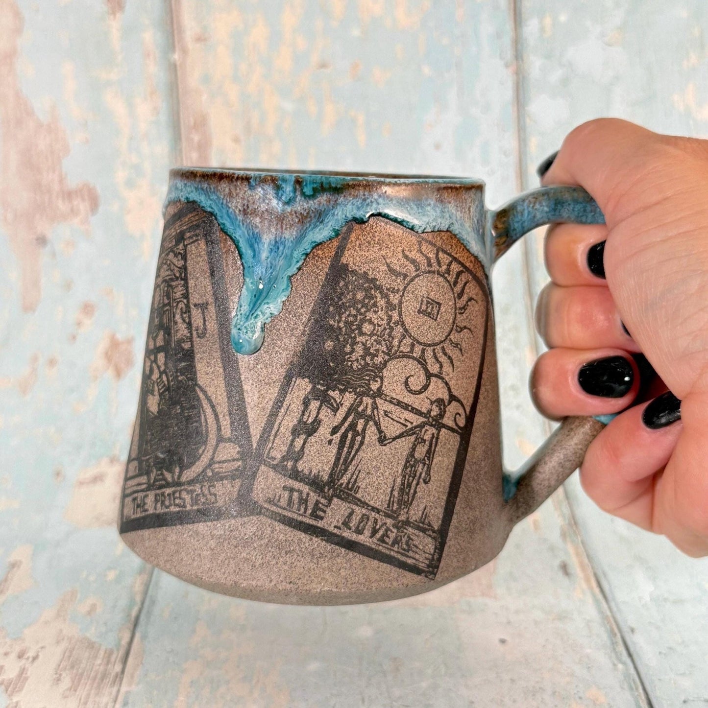 Turquoise and Grey Tarot Mug, Large Ceramic Cup - FJD Ceramics