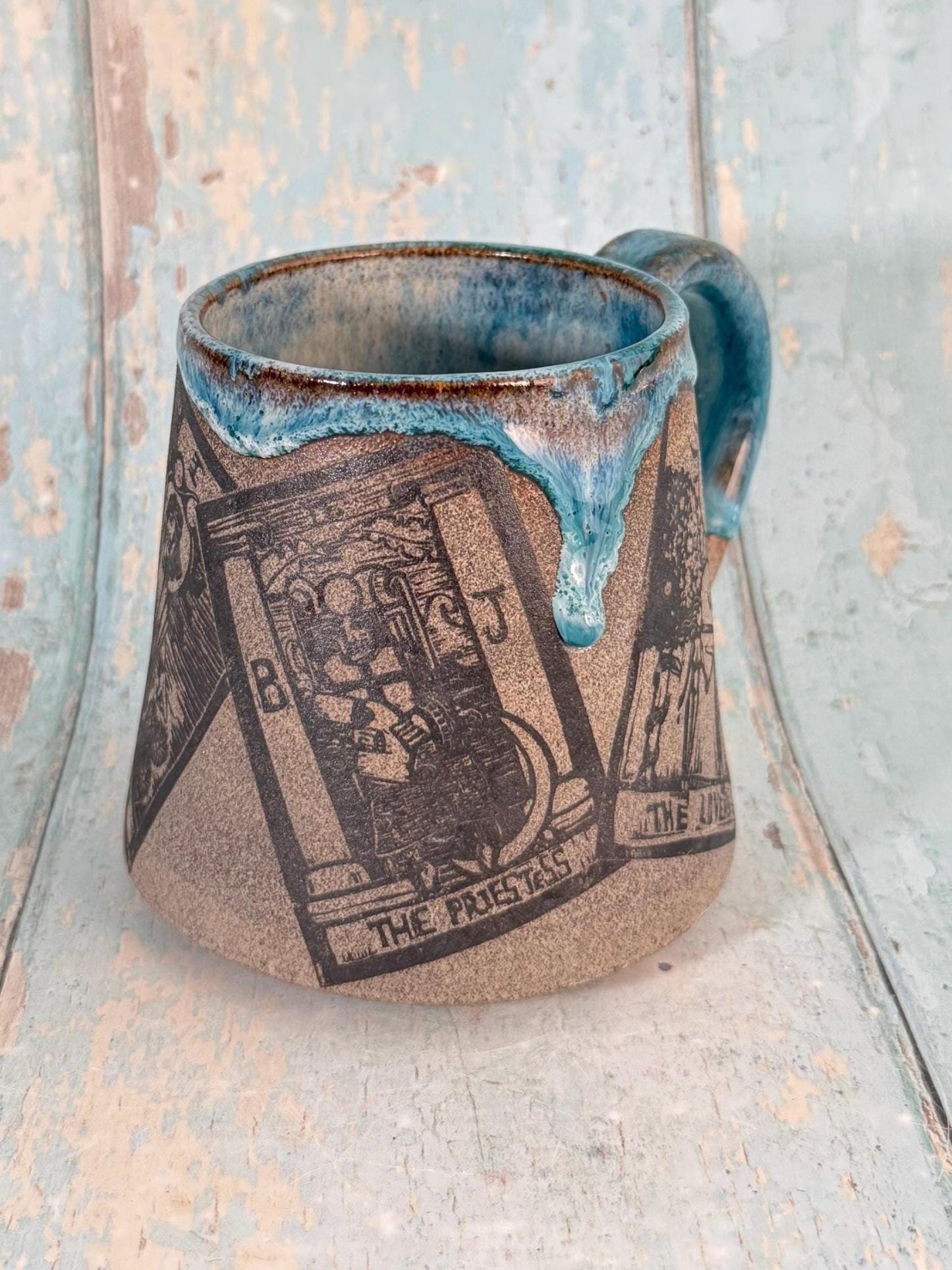 Turquoise and Grey Tarot Mug, Large Ceramic Cup - FJD Ceramics