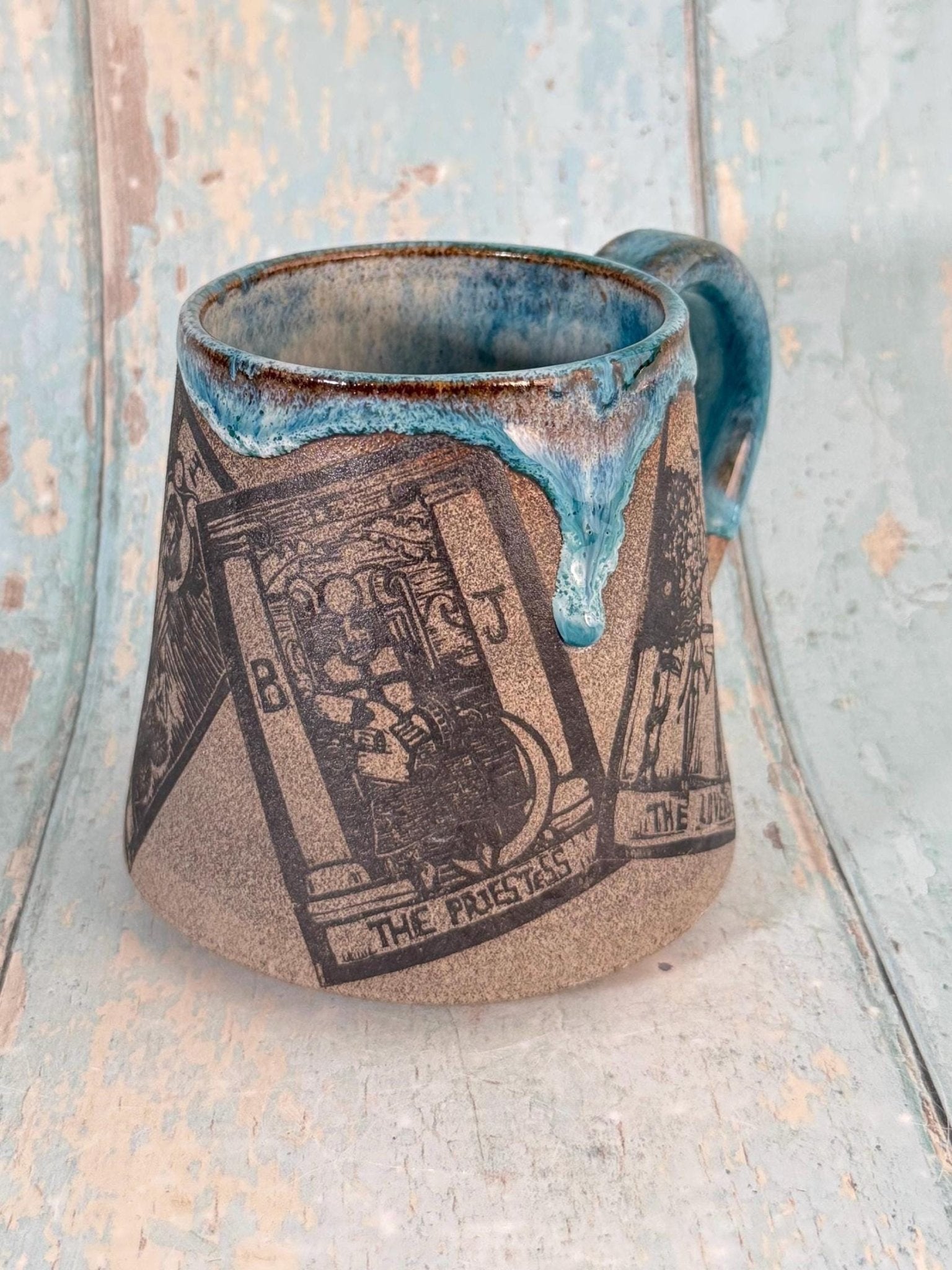 Turquoise and Grey Tarot Mug, Large Ceramic Cup - FJD Ceramics
