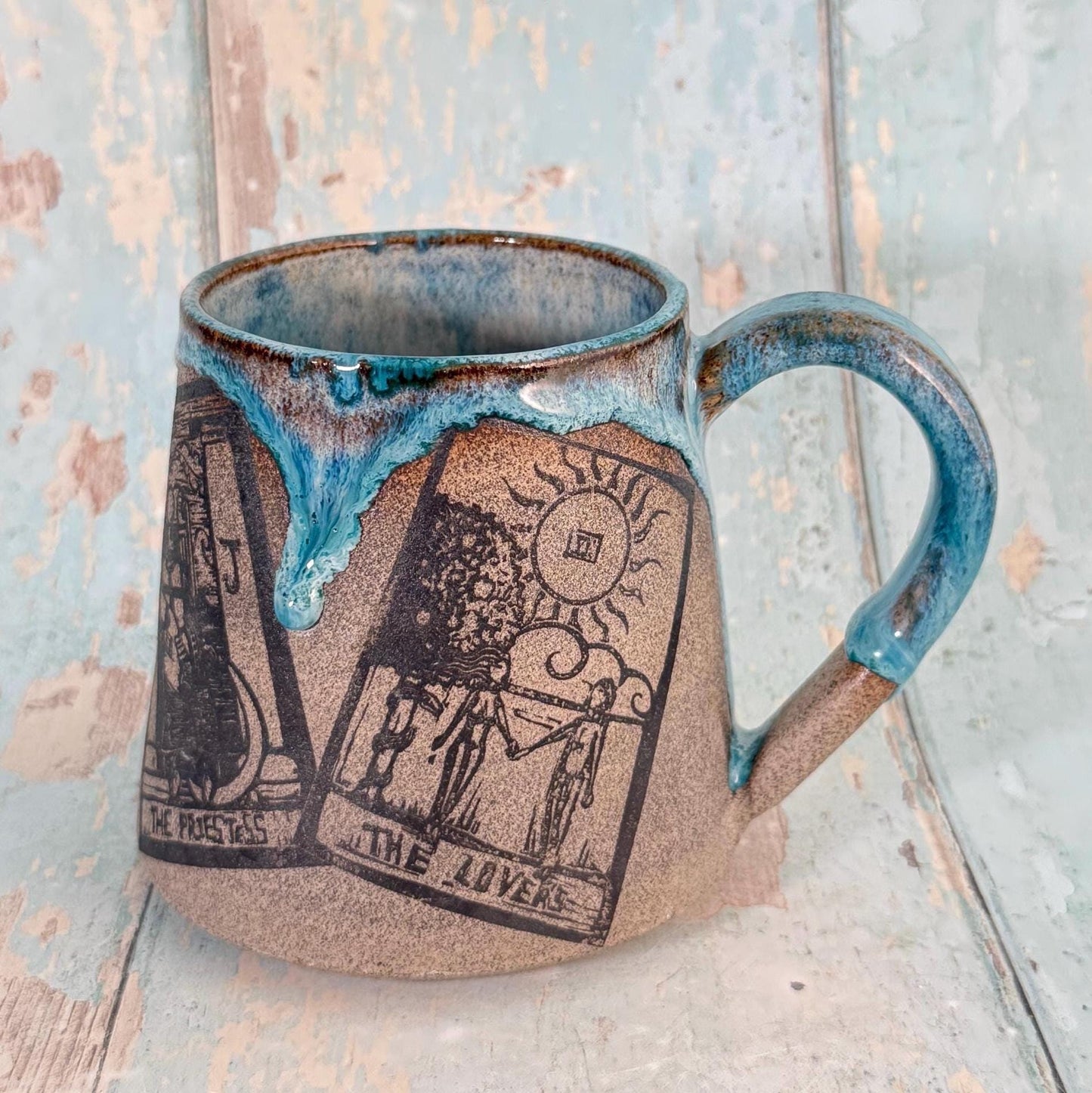 Turquoise and Grey Tarot Mug, Large Ceramic Cup - FJD Ceramics