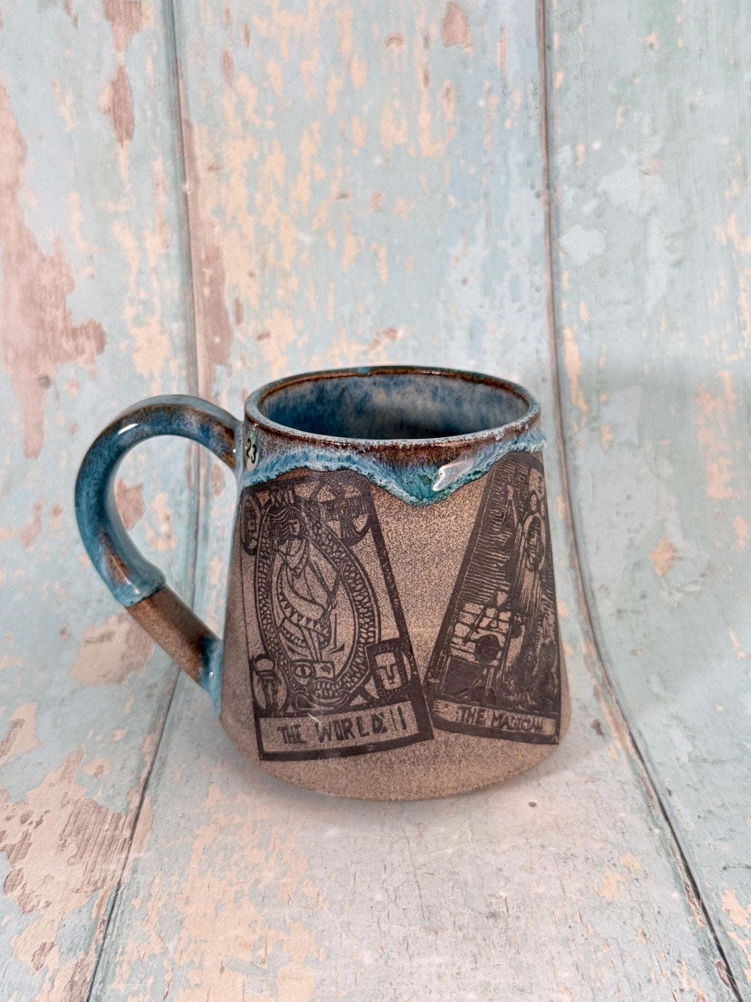Turquoise and Grey Tarot Mug, Large Ceramic Cup - FJD Ceramics